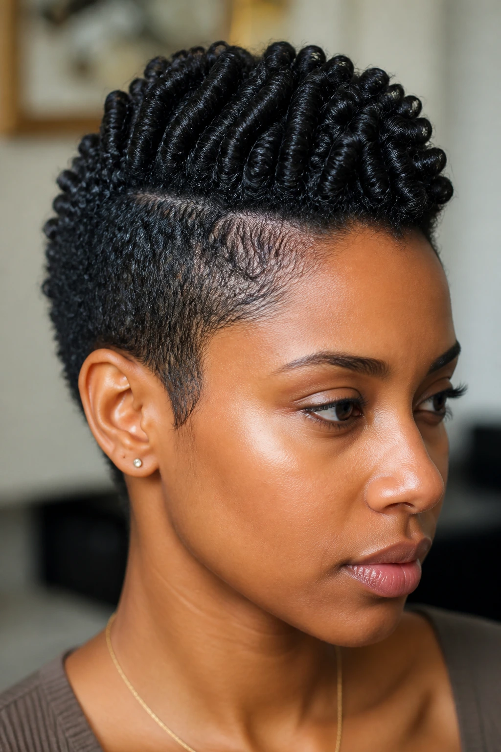 Close-up of a person with finger-coiled mohawk on a TWA