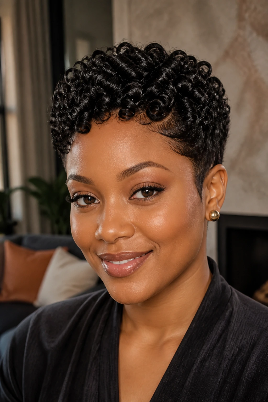 Close-up of real person with sculpted finger-coil pixie hairstyle
