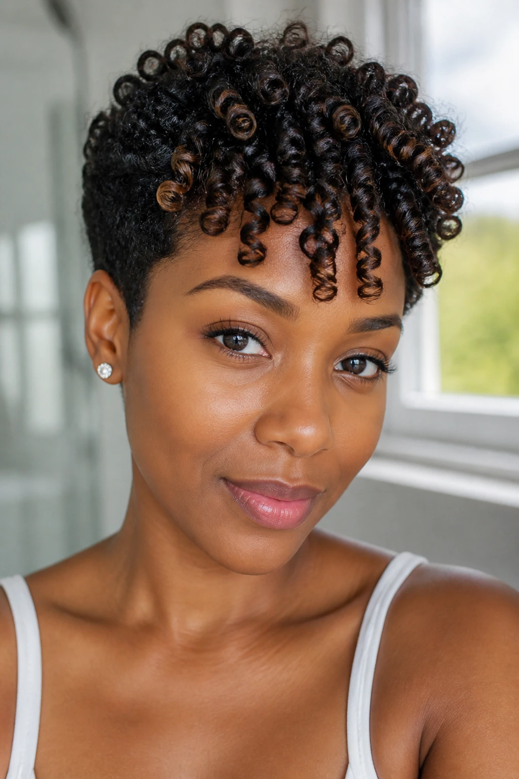 Close-up of Finger-Coil Pixie hairstyle on a real woman