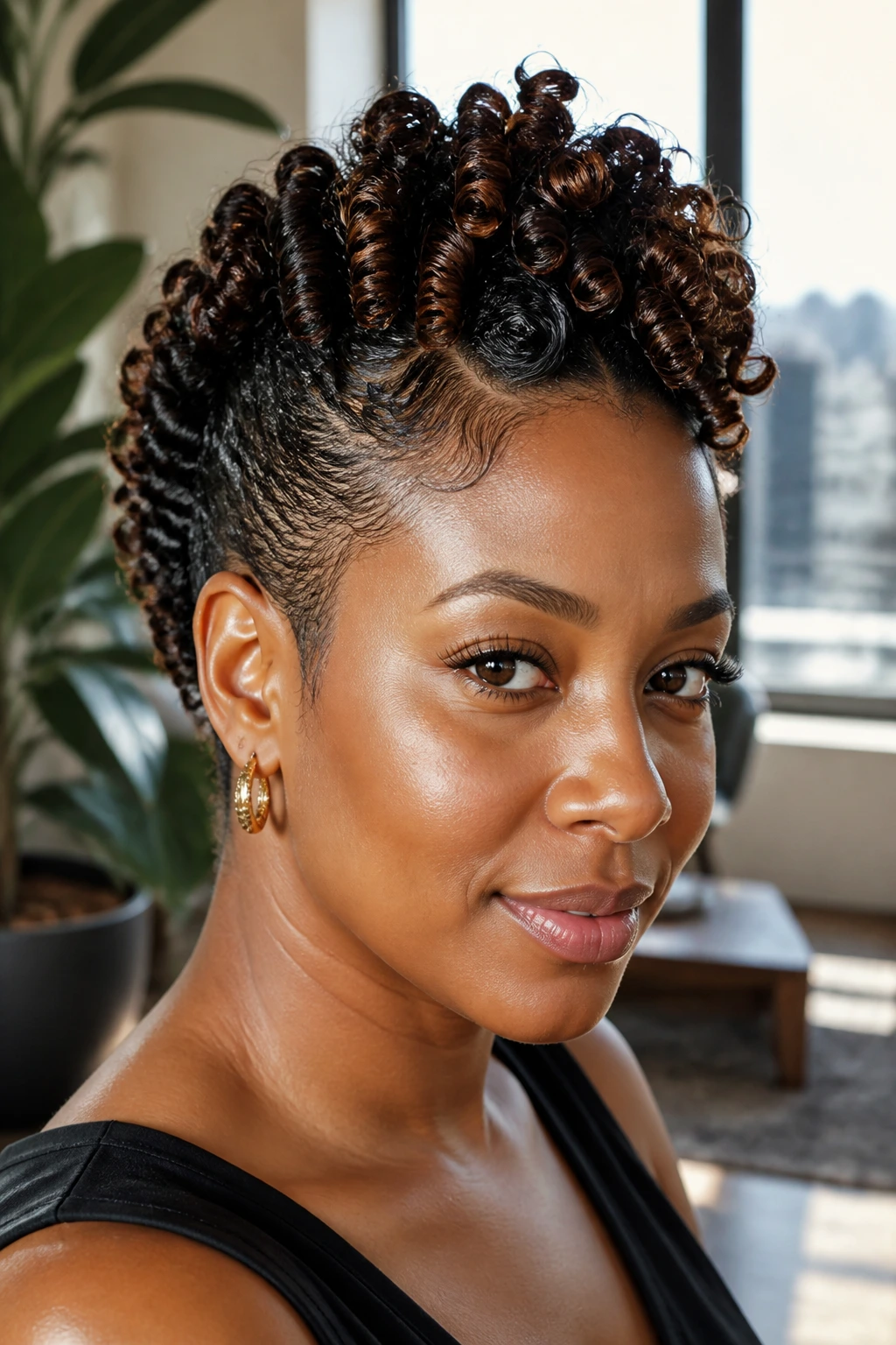 Close-up of a real woman wearing a Finger-Coil Sculpted Mohawk with defined spirals.