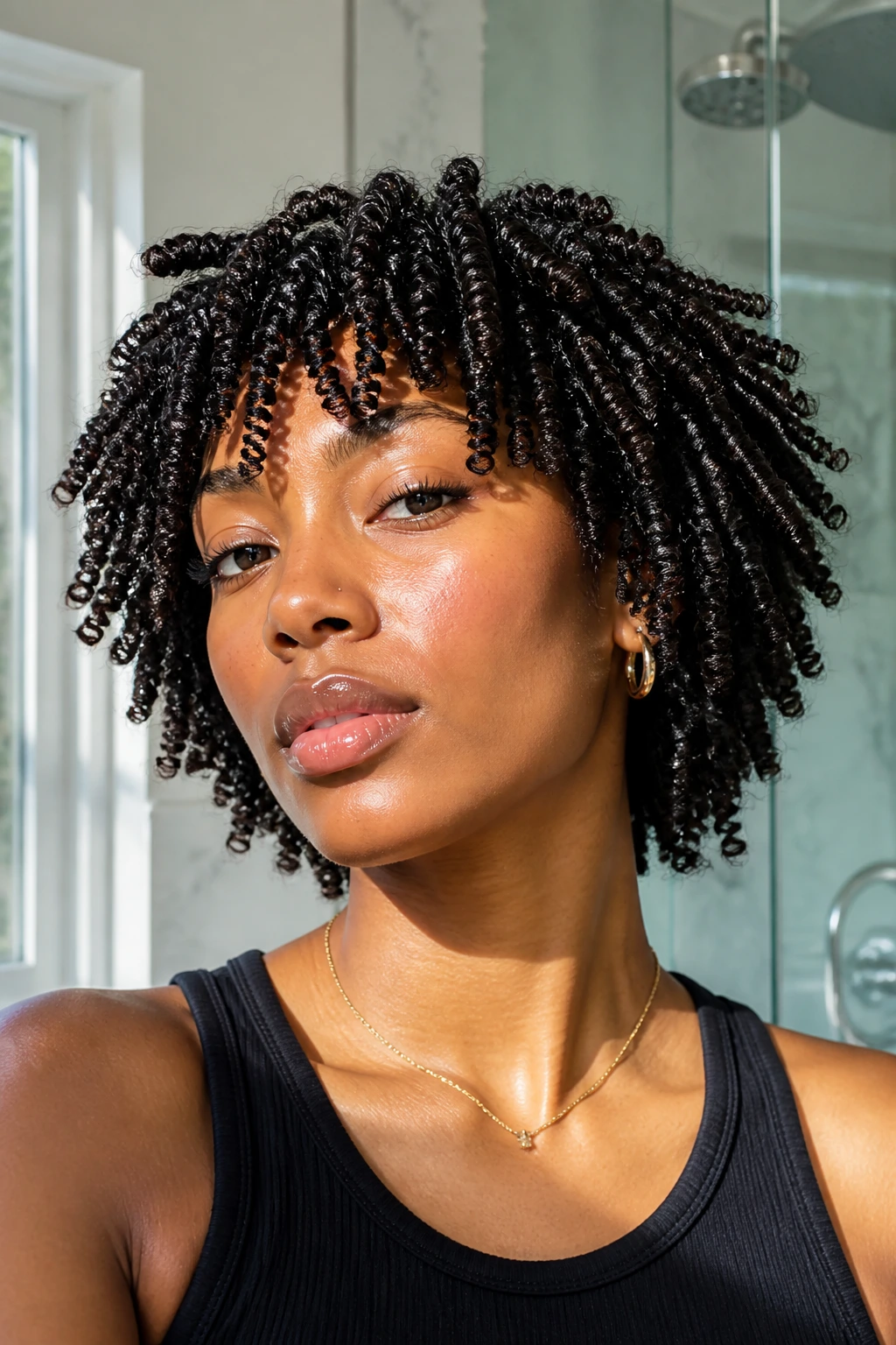Close-up portrait of a real Black person with finger-coil shag and defined ends in bright bathroom light.