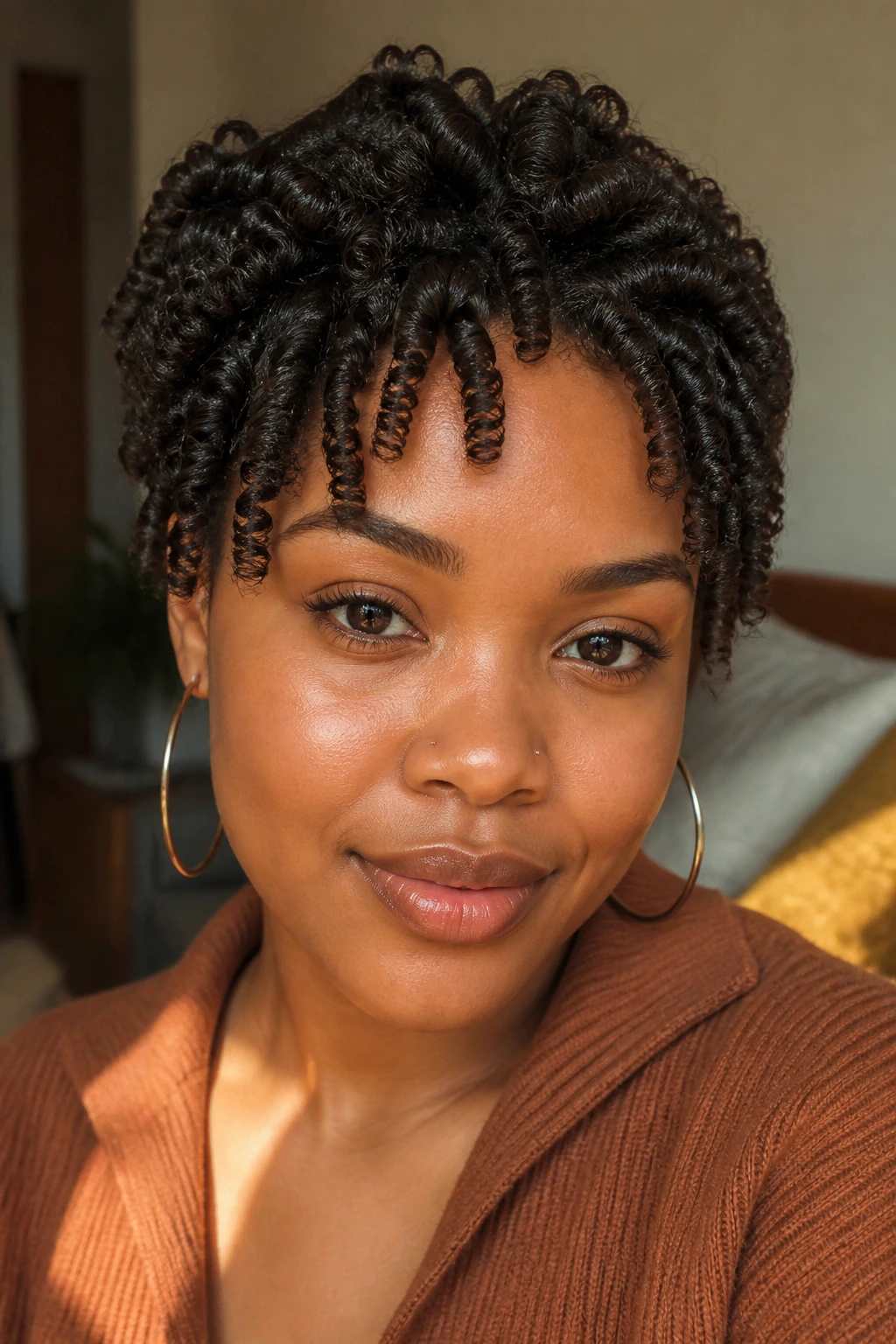 Portrait of a person with finger-coiled crop hairstyle