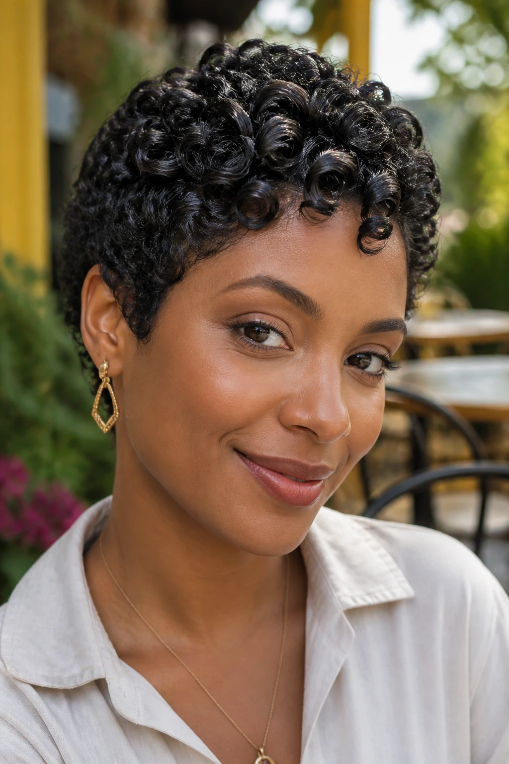 Close-up portrait of a real person with finger-coiled pixie curls.