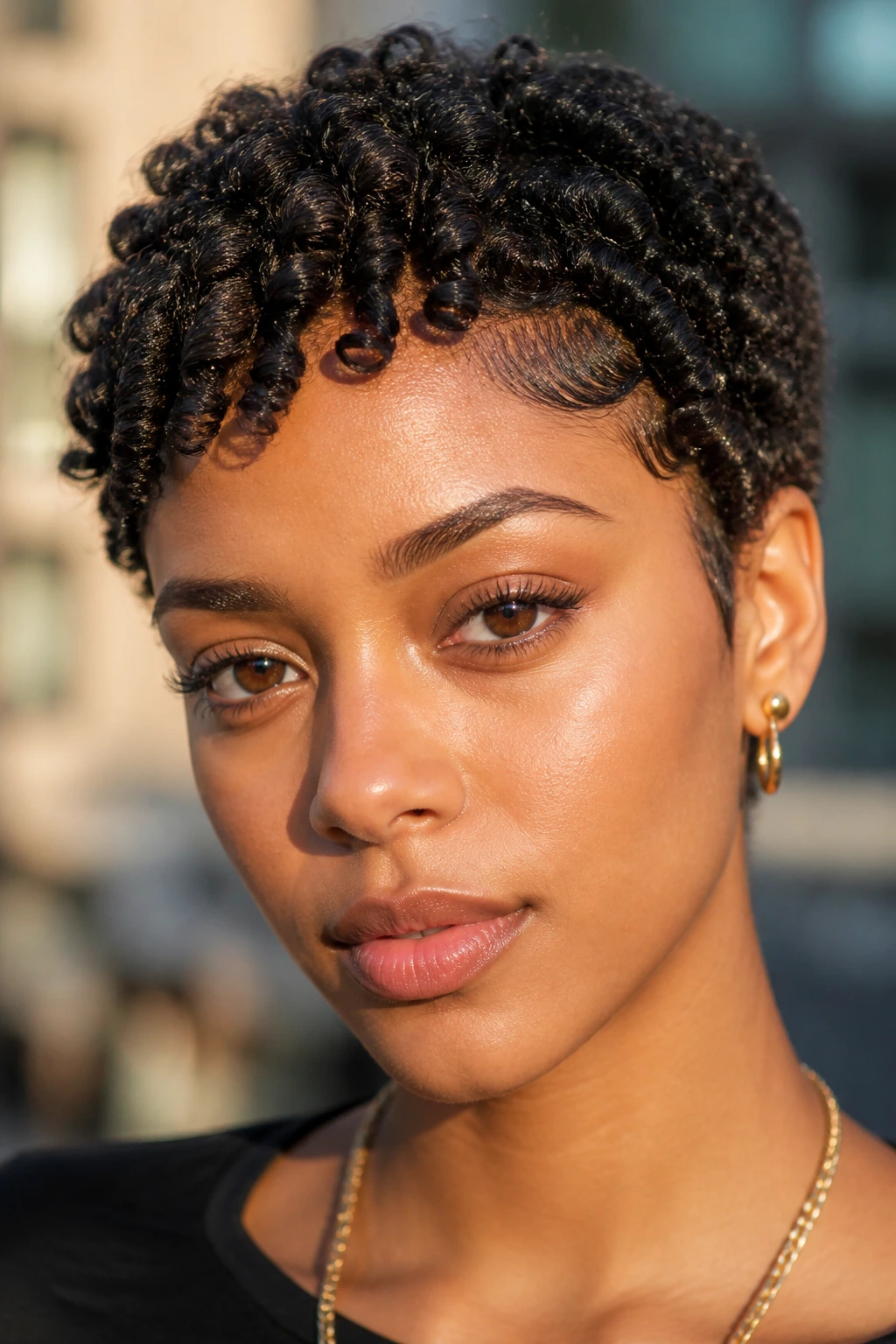 Close-up of a real woman with finger-coiled curls on a pixie cut