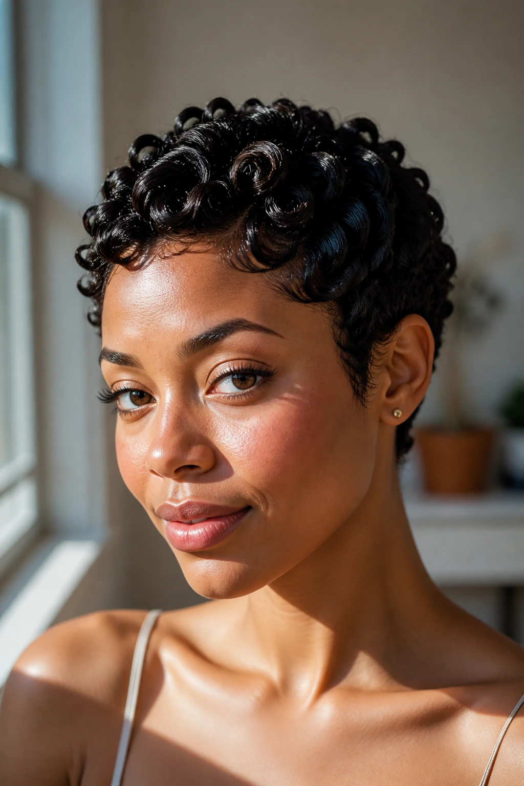 Close-up portrait of a real person with finger-coiled pixie hairstyle.