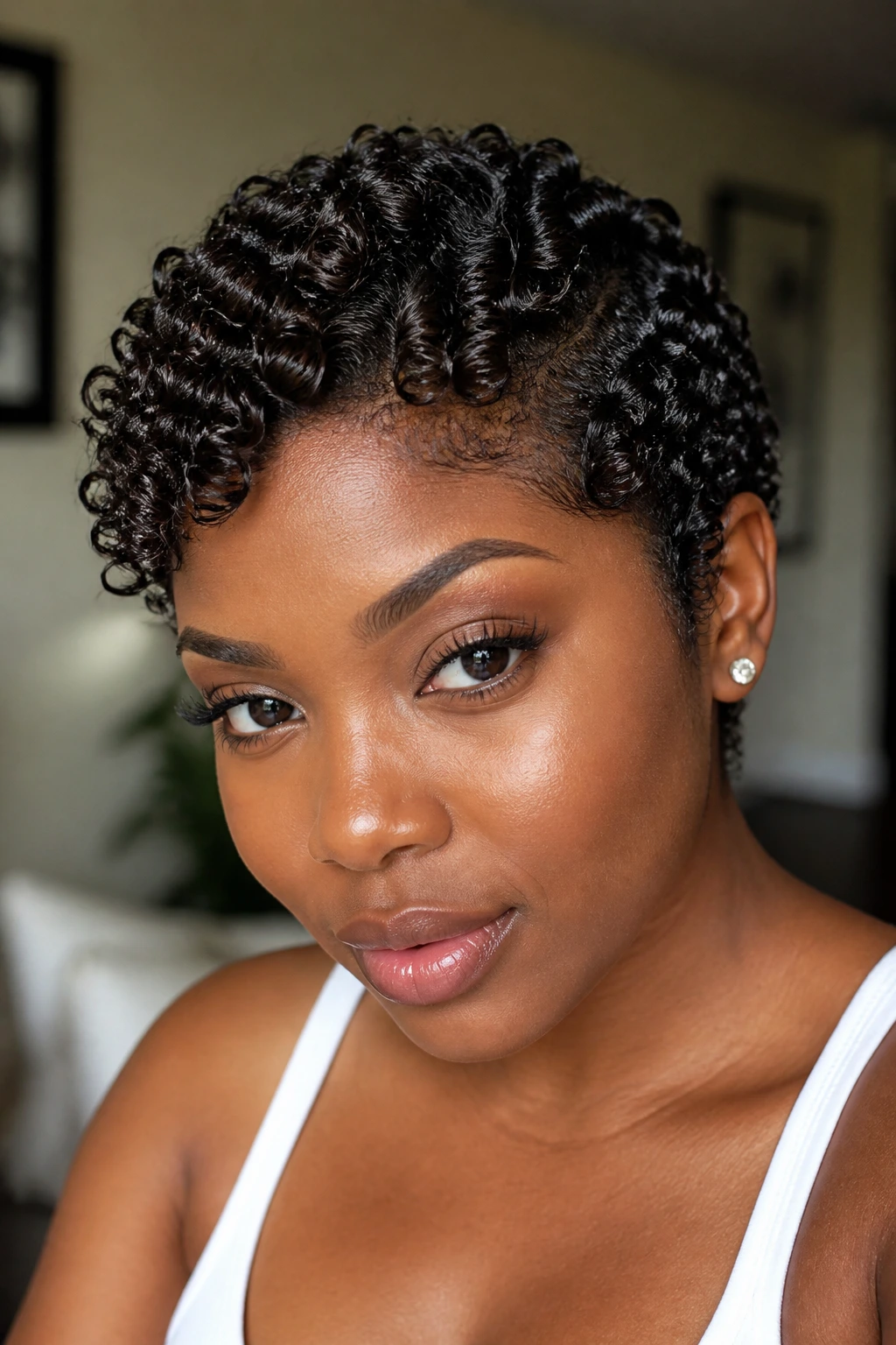 Real woman with finger-coiled pixie hairstyle