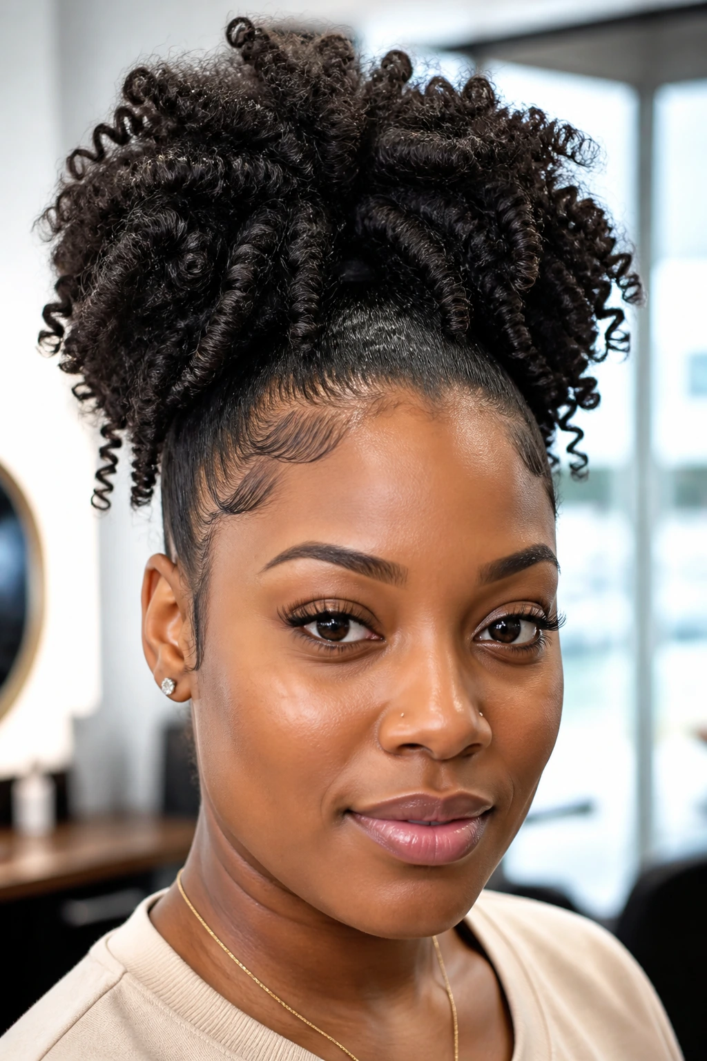 Close-up of a real woman with finger-coiled puff ponytail hairstyle