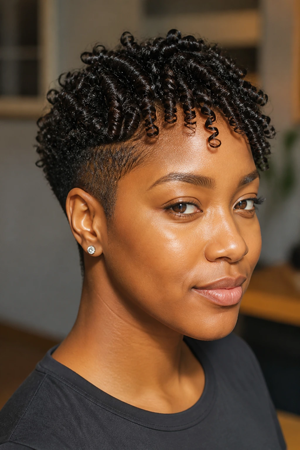Close-up of a real person with finger-coiled tapered cut showing defined coils on crown and tapered sides