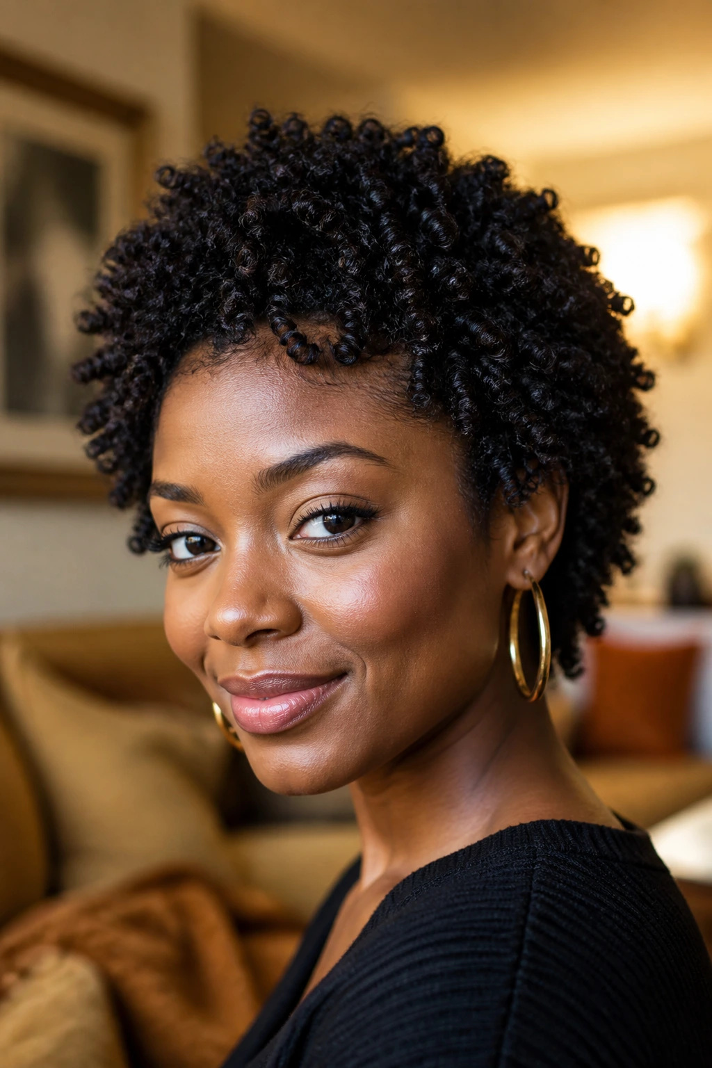 Close-up of finger coils creating a rounded afro on a real person