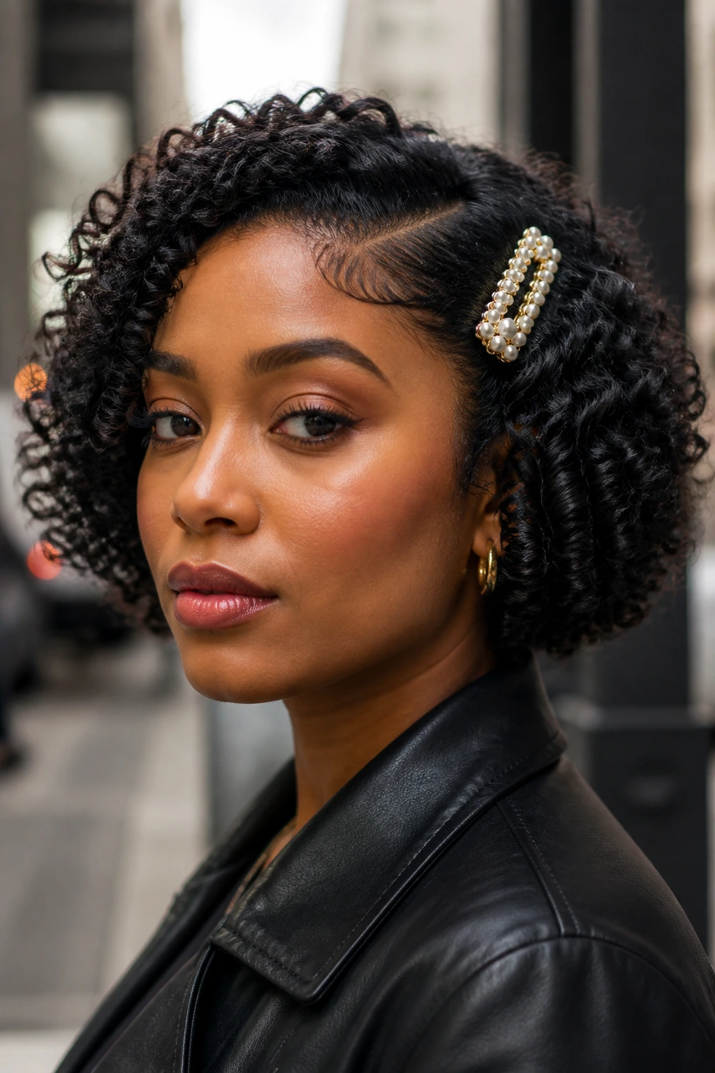 Close-up of finger-coiled bob with chunky clip on real woman's head