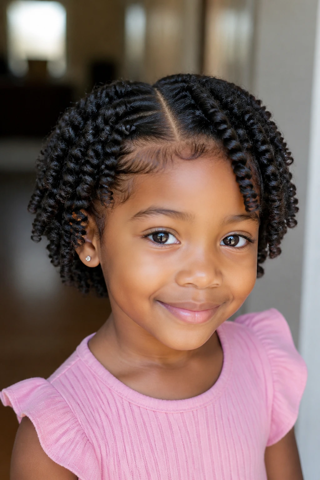 Close-up of a child with finger coils and a crisp front part