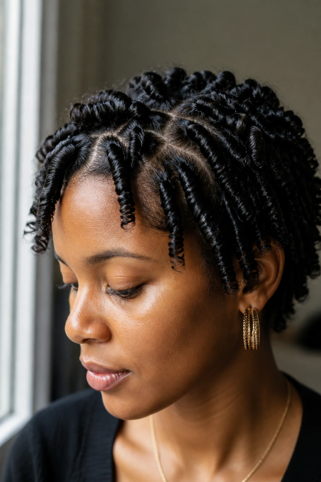 Close-up of a real woman with defined finger coils across the scalp