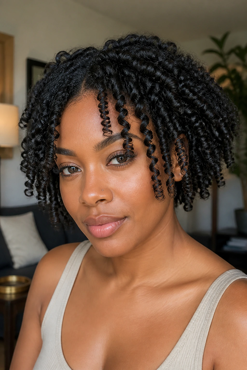 Close-up of a real woman with face-framing finger coils around her face
