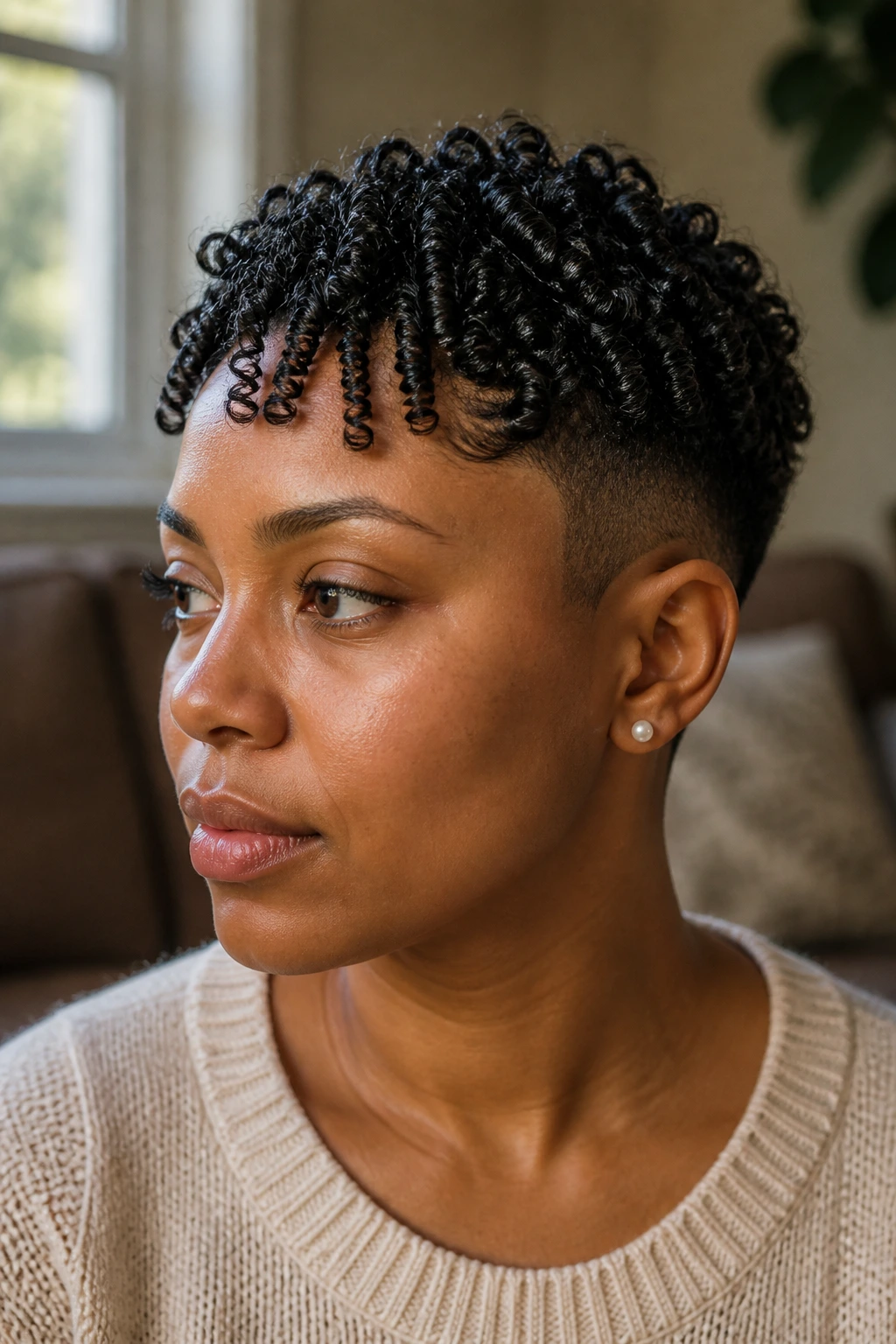 Close-up portrait of a real woman with finger coils and a low fade