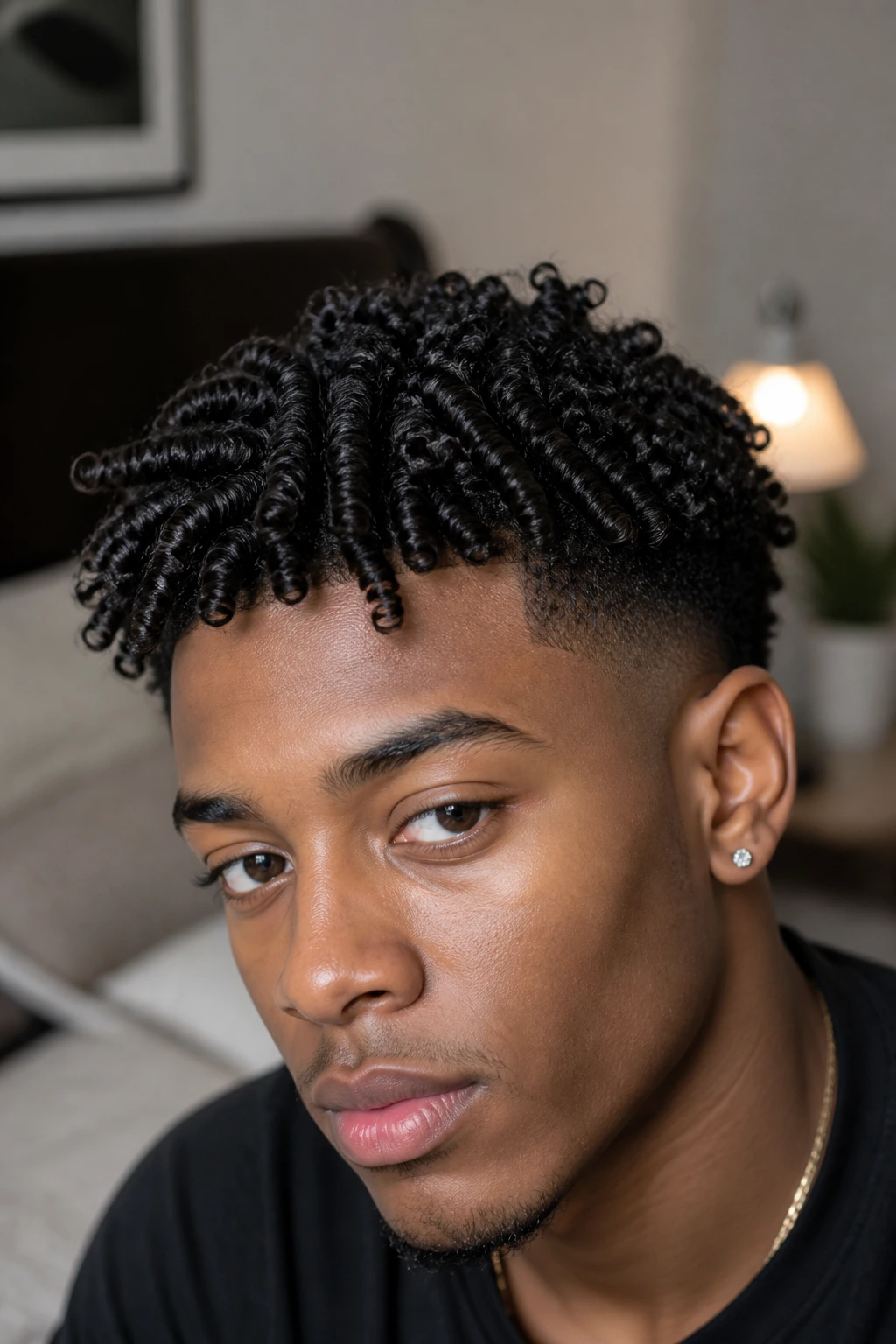 Real person with defined finger coils and low fade.