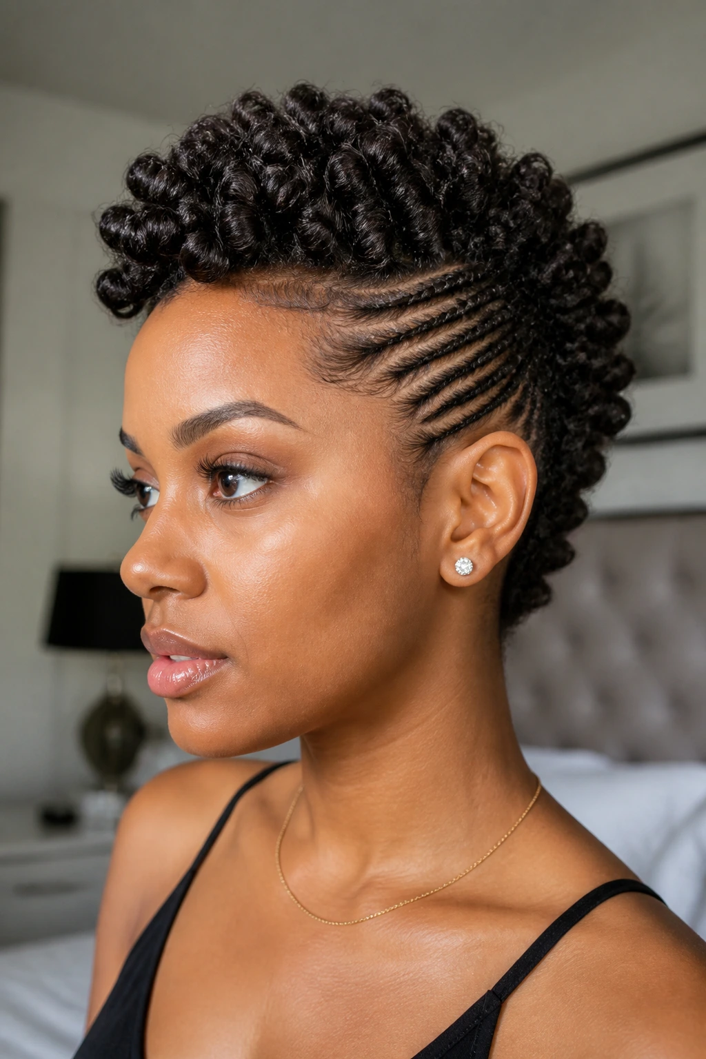 Close-up of a real person with finger coils forming a neat mohawk in soft daylight