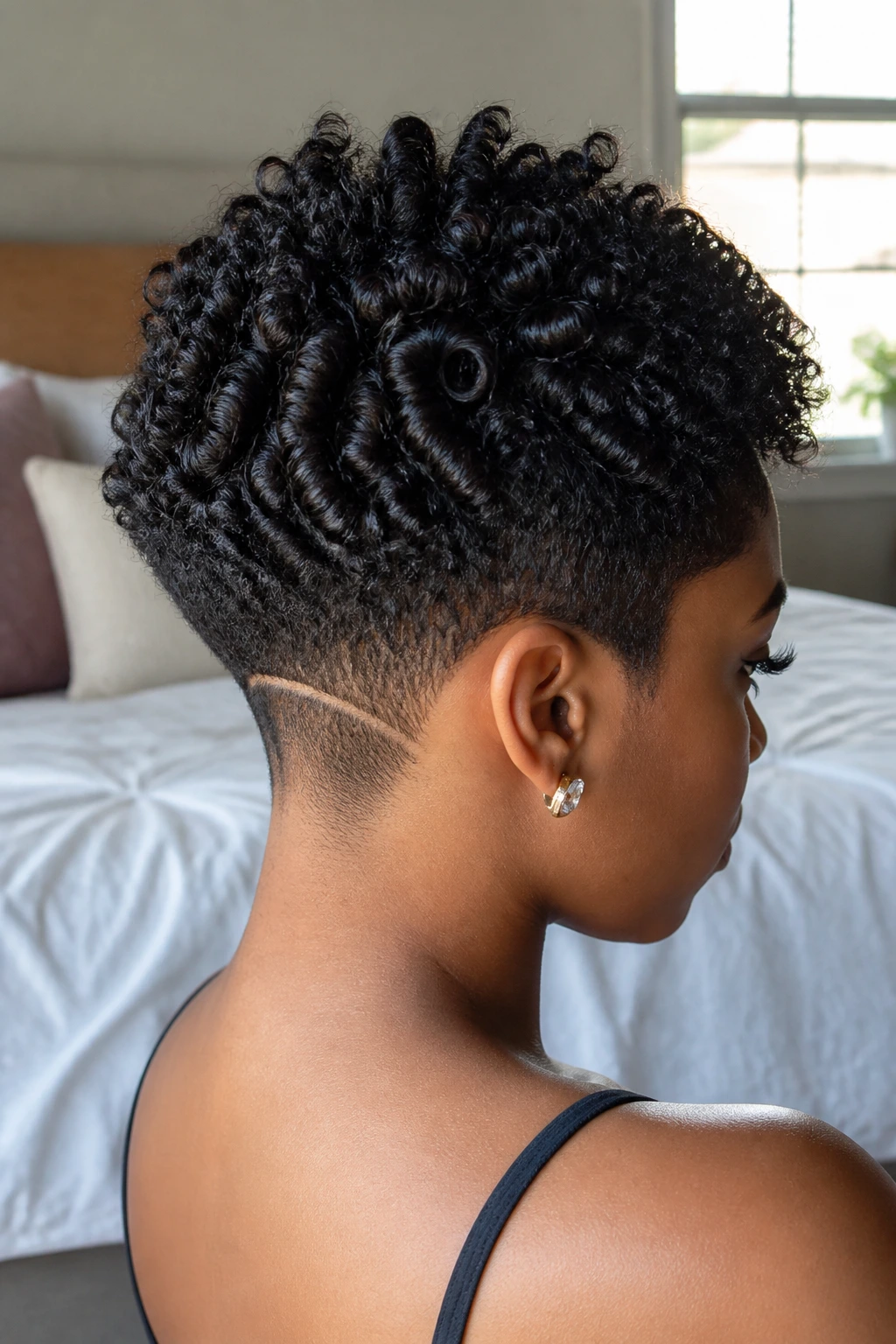 Close-up portrait of a real Black woman with finger coils and shaved-nape design