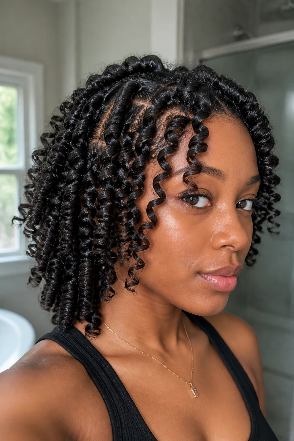 Close-up portrait of finger coils on natural hair