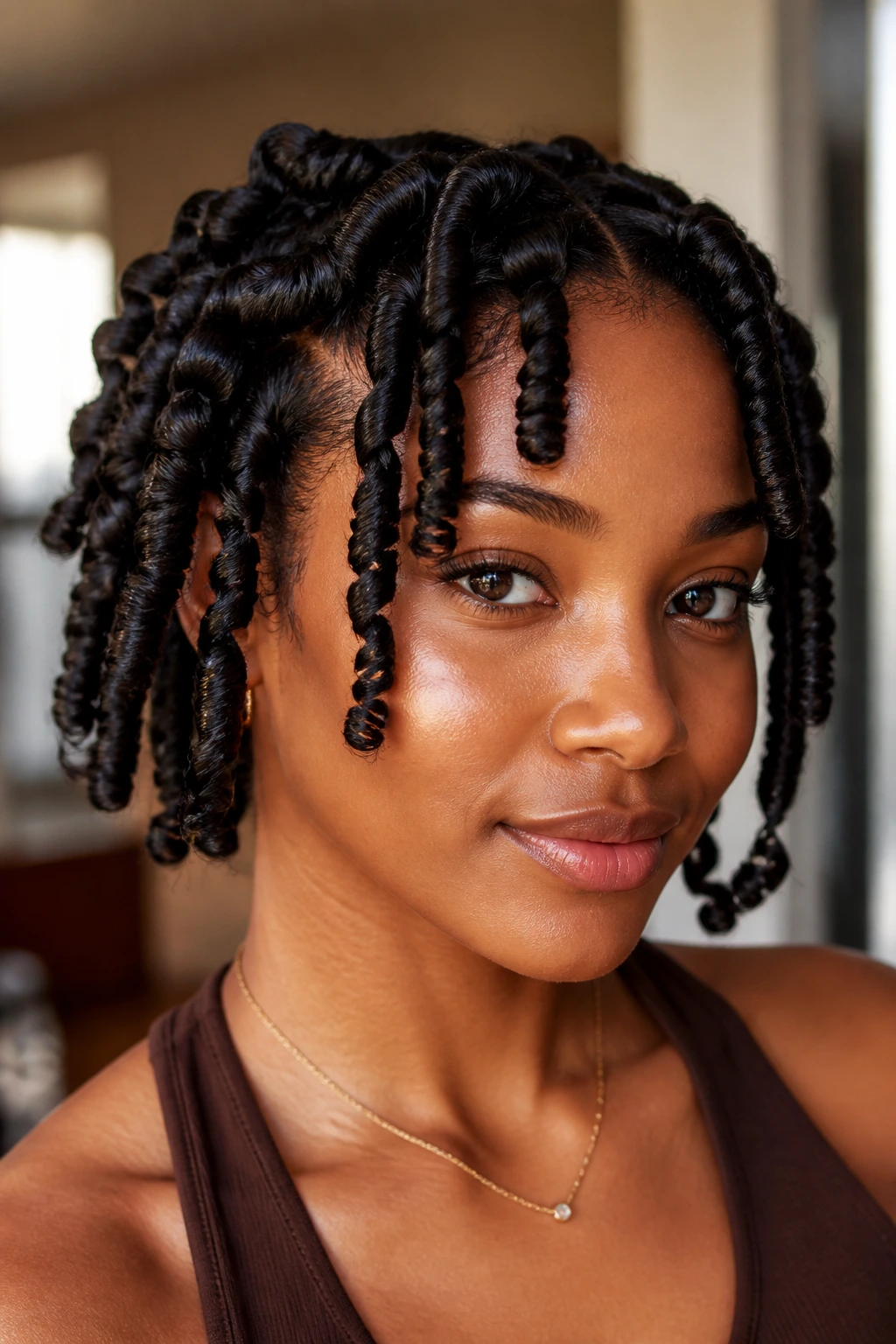 Close-up of a real woman with finger coils and clean ends on thick natural hair