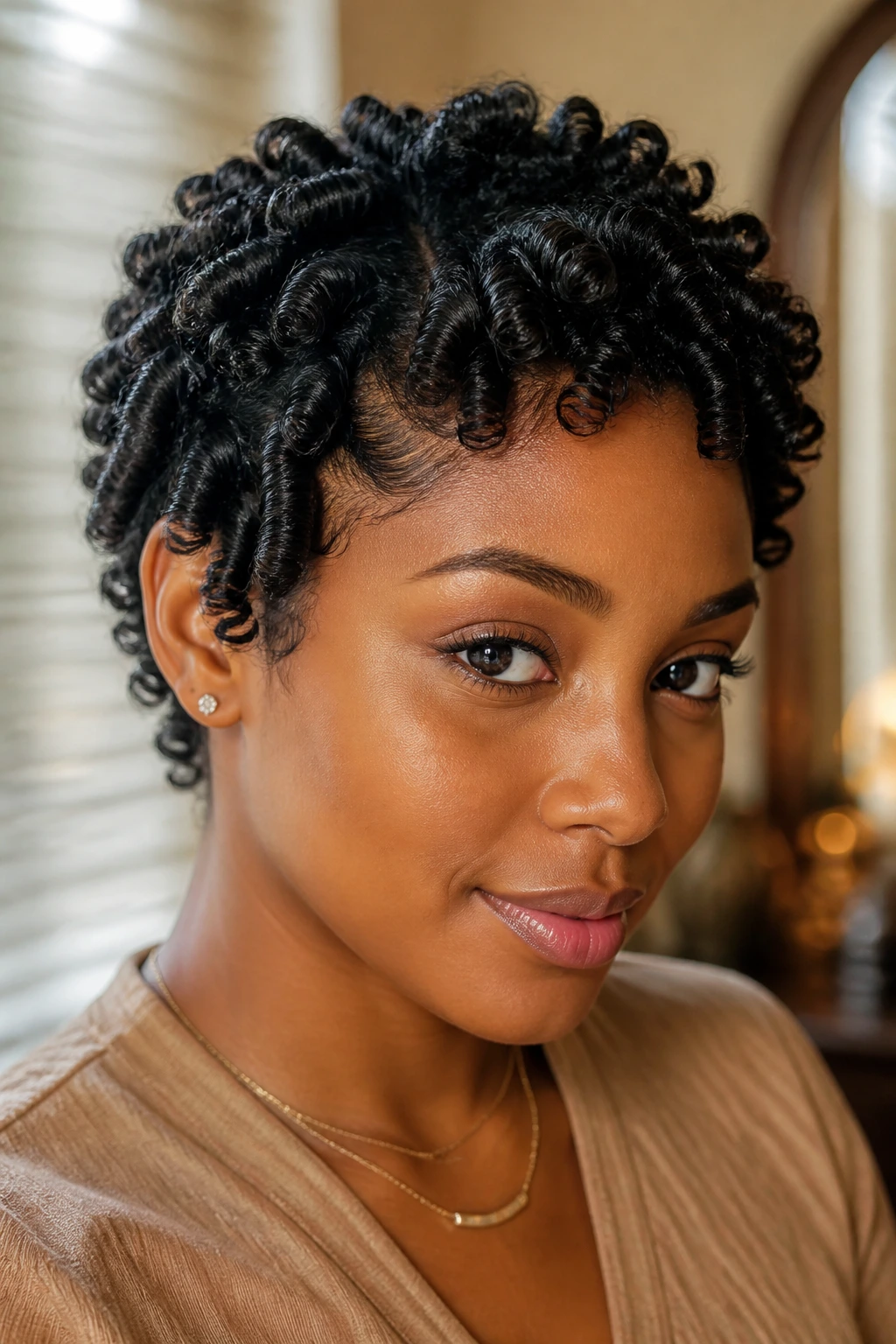 Close-up of real Black woman with finger coils covering the scalp