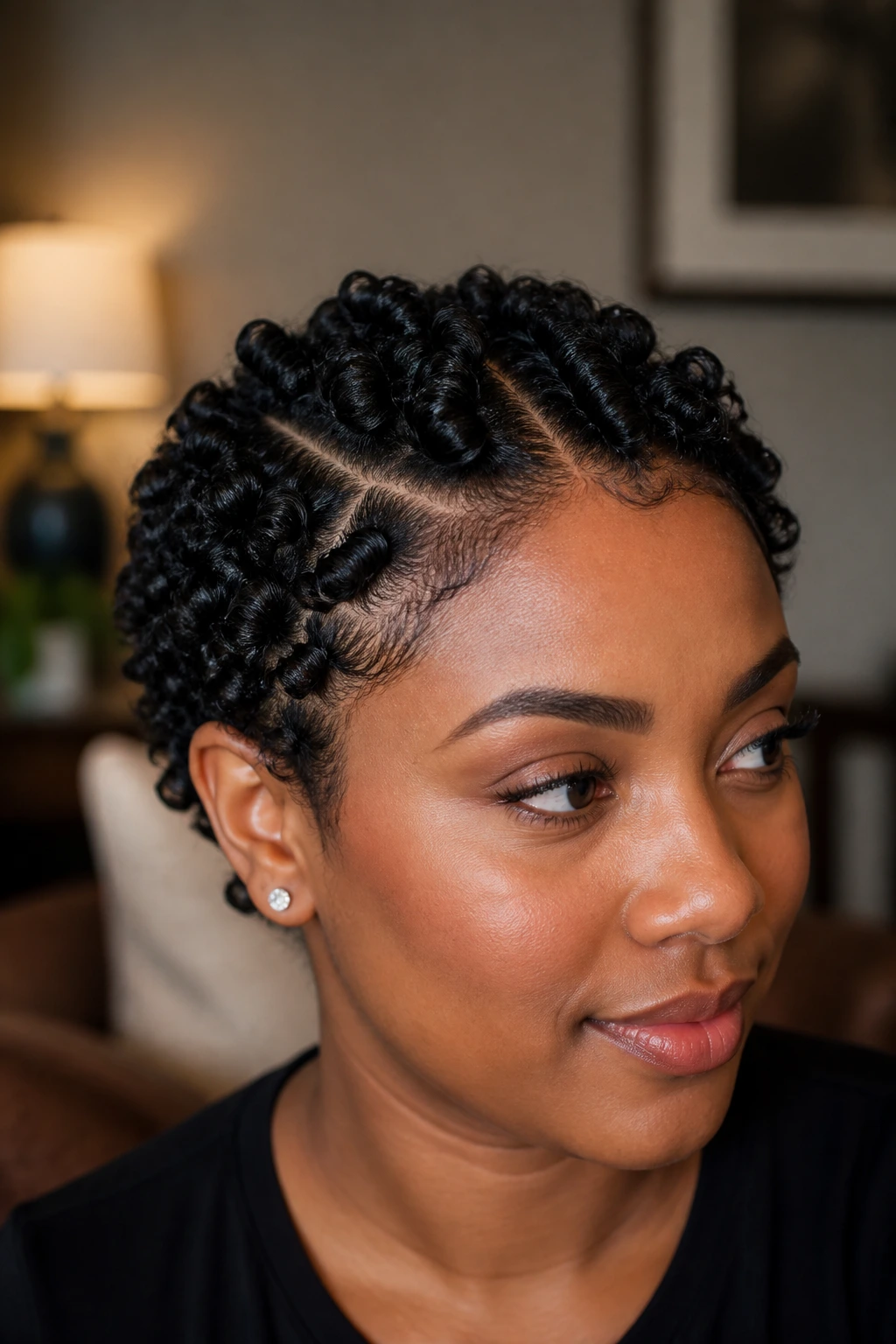 Close-up of a woman with finger coils hairstyle