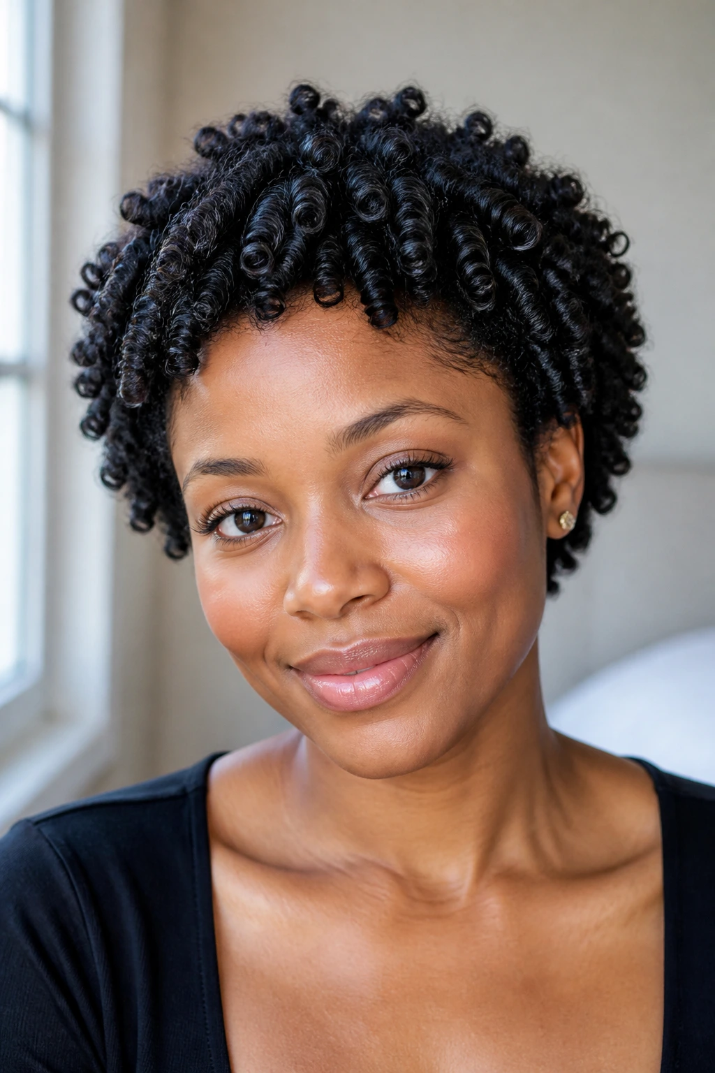 Medium-close portrait showing defined finger coils across the head