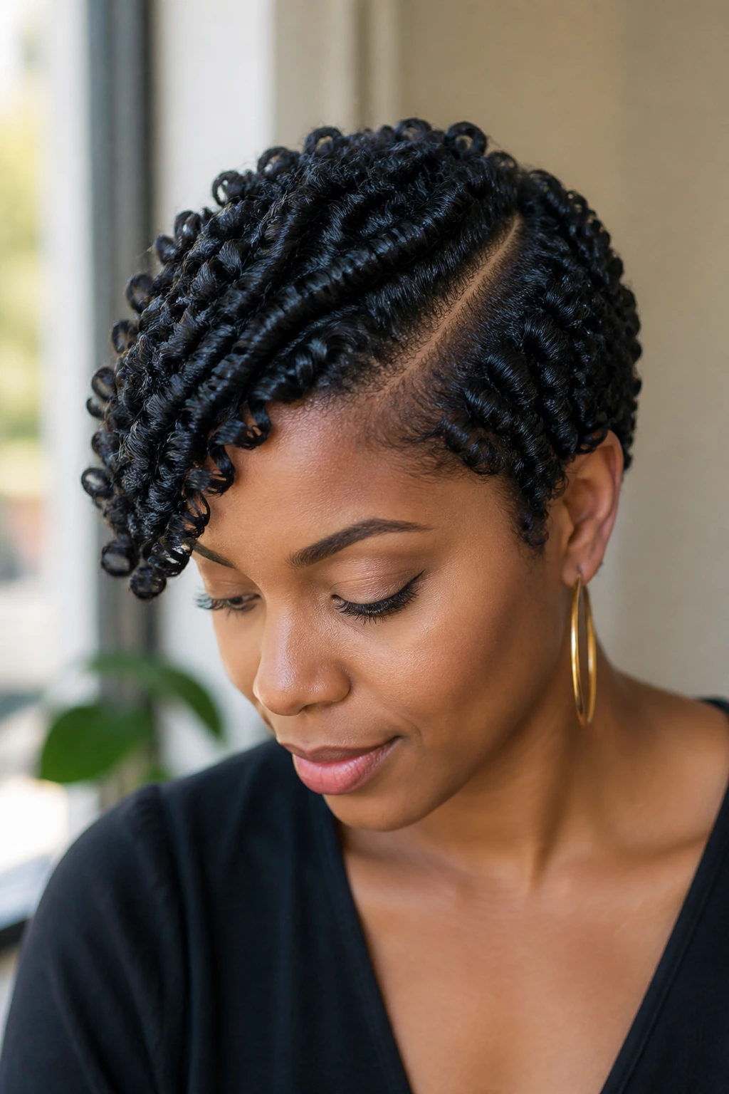 Portrait of a real person with finger coils and a deep side part