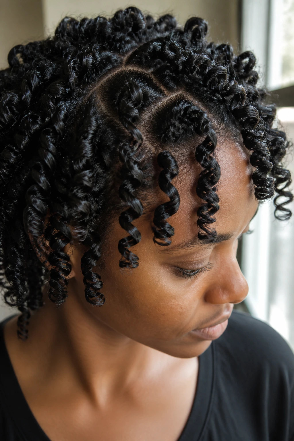 Close-up of real person with evenly spaced finger coils