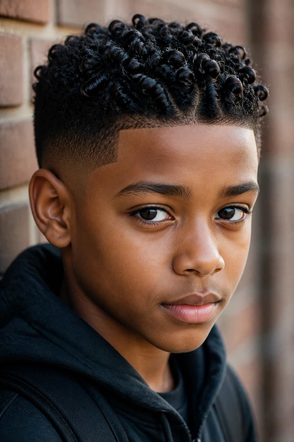 Close-up portrait of a schoolboy with tapered top finger coils