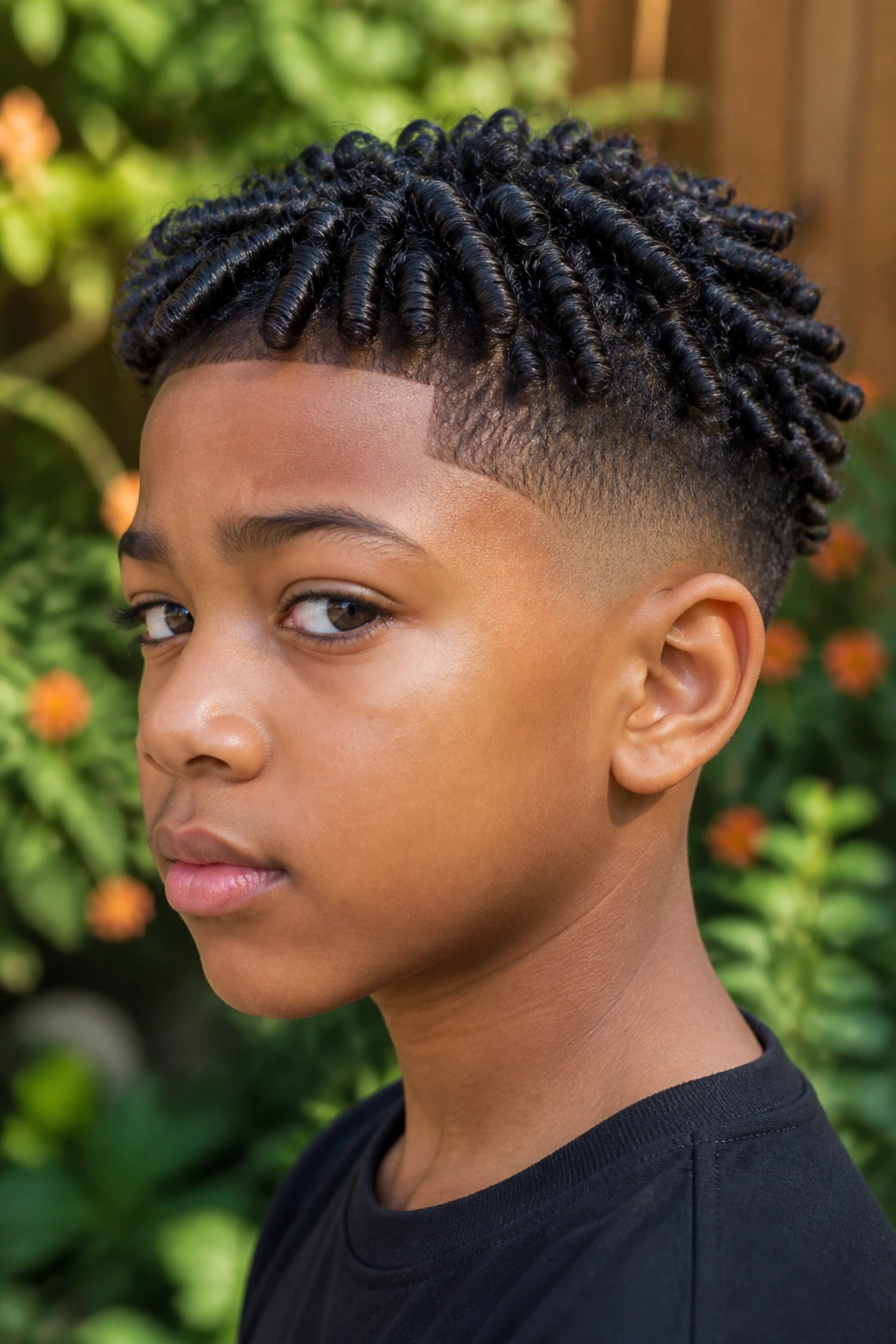 Close-up of a child with finger coils and temple fade outdoors