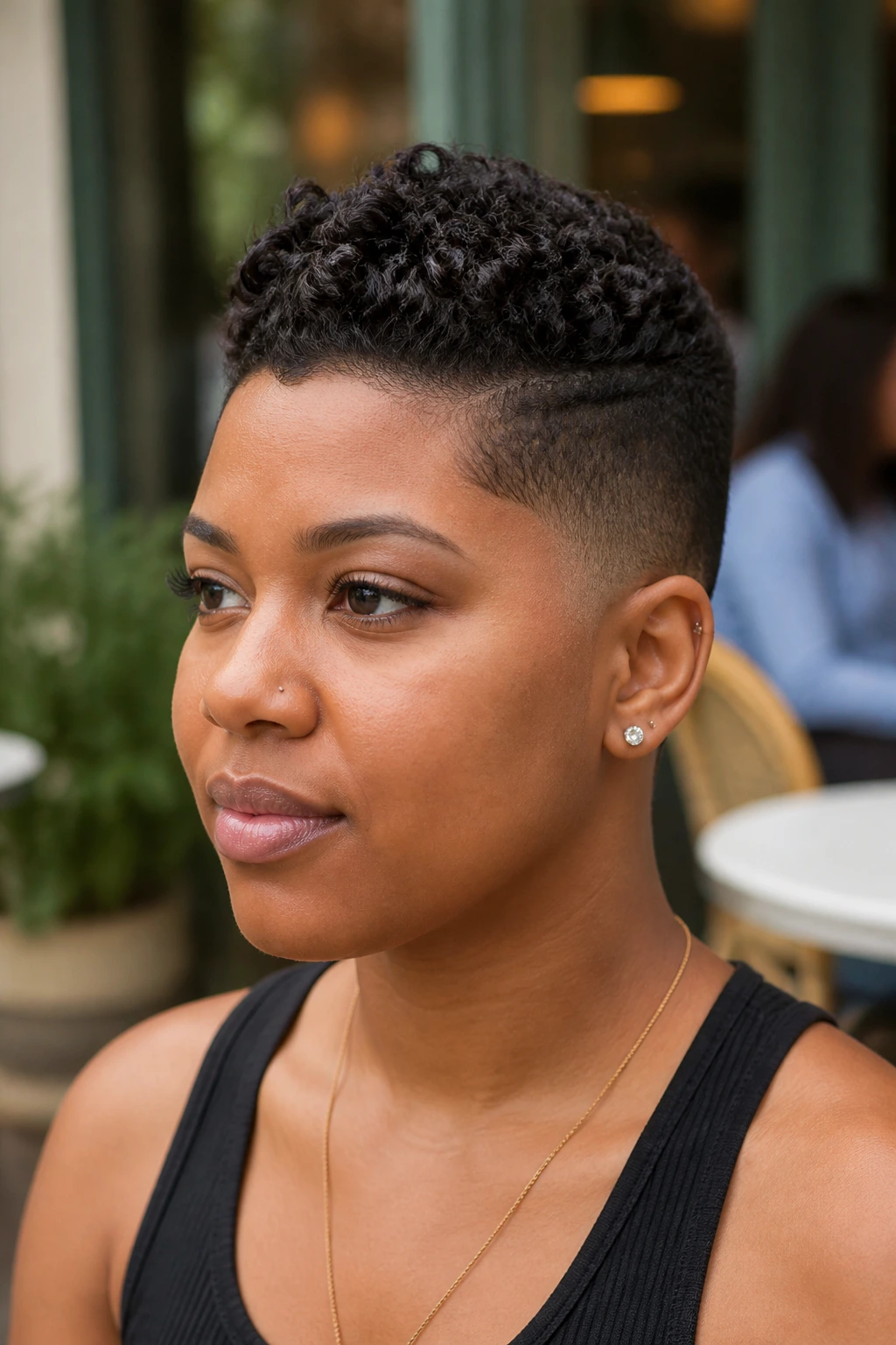 Close-up of real person with temple fade and finger coils in daylight
