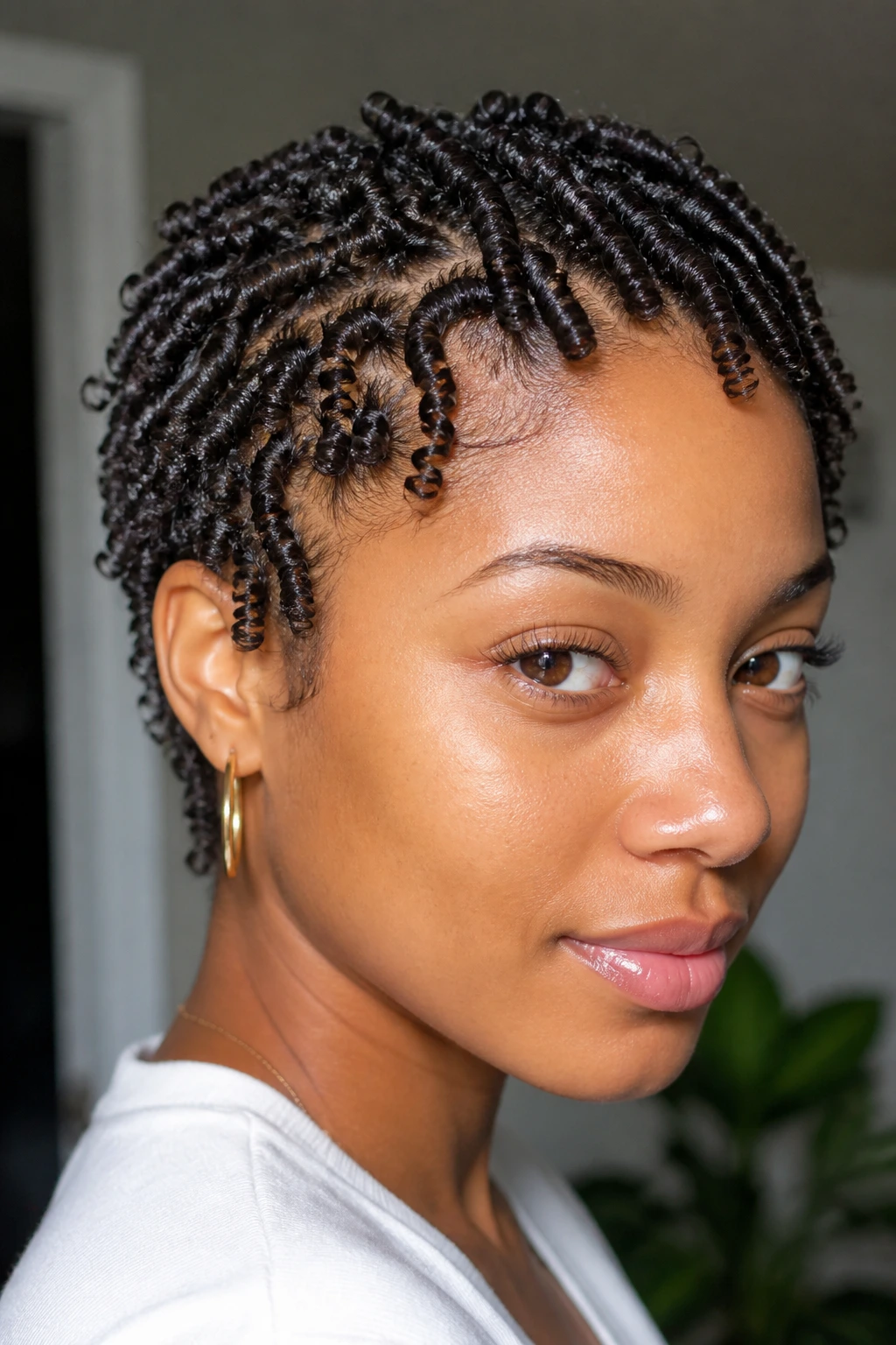 Close-up of a real person with tiny finger coils in bright natural light