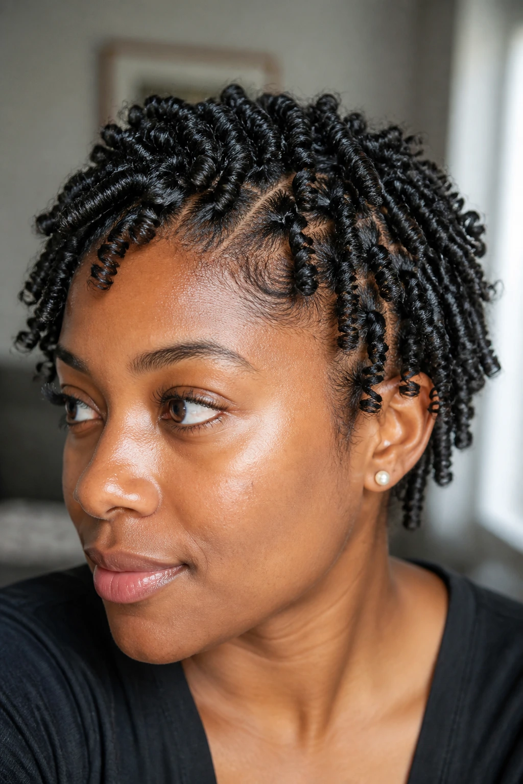 Portrait of a real woman with finger coils for tiny springy definition
