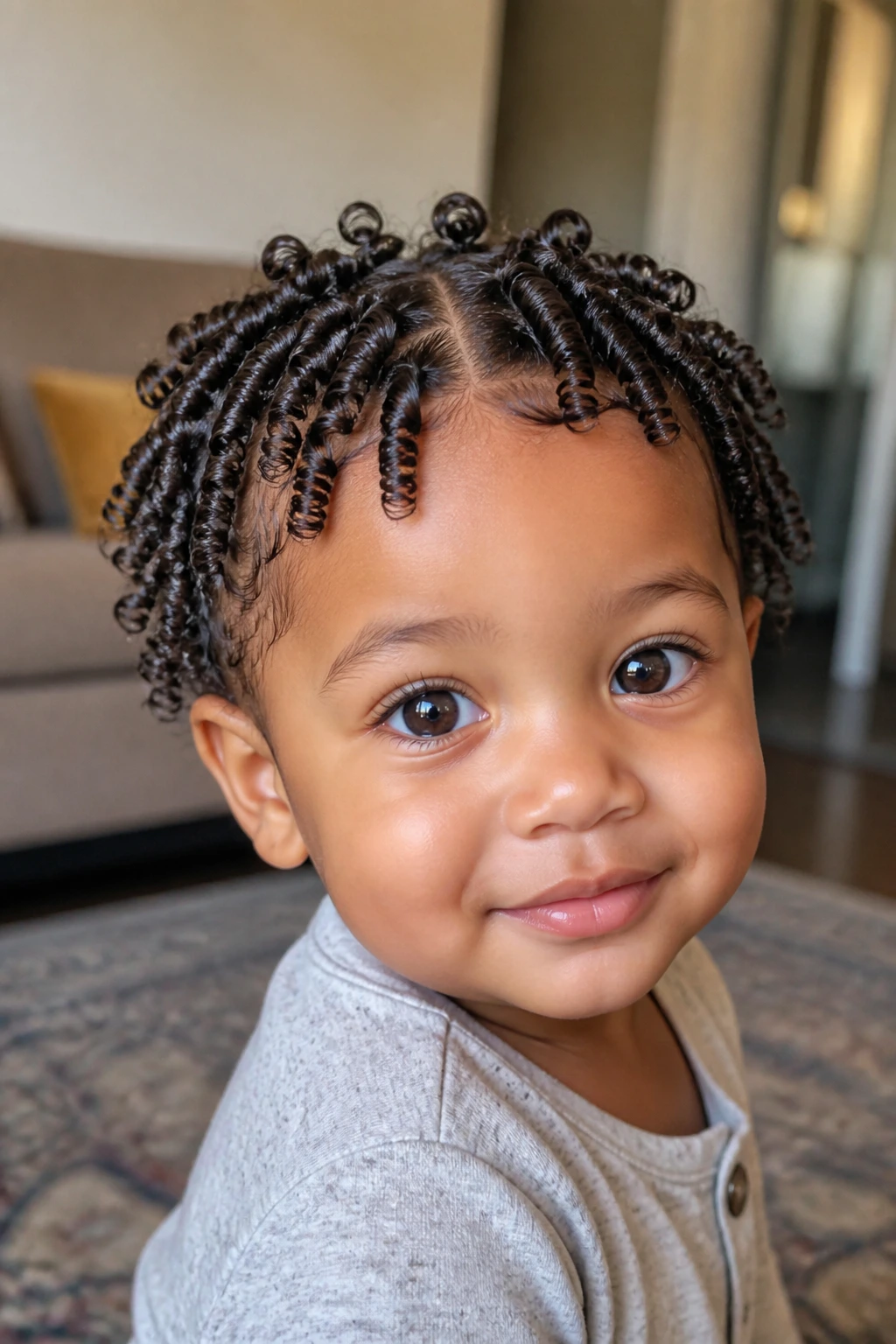 Portrait of a toddler boy with soft finger coils in a warm indoor setting