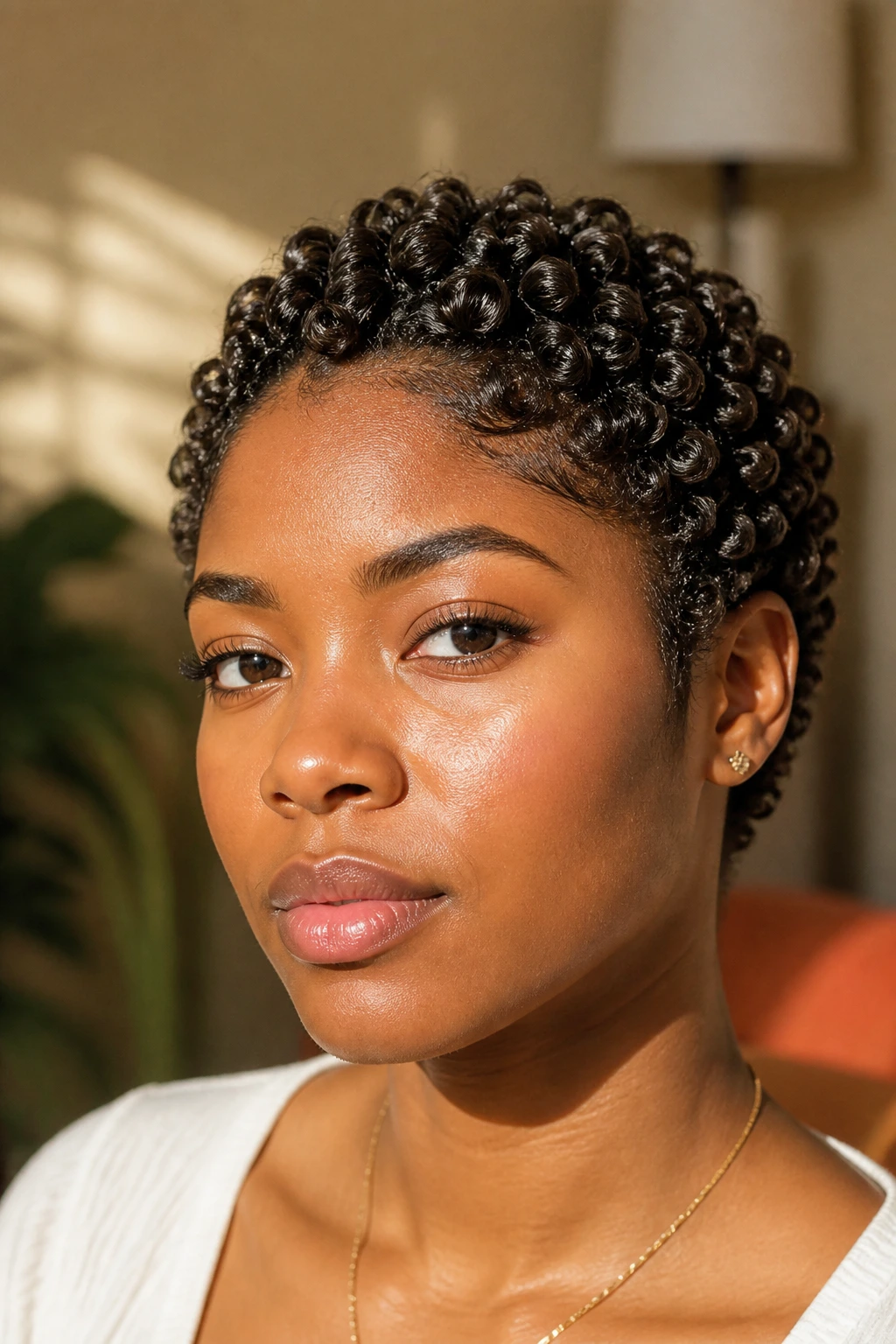 Close-up portrait of a real Black woman with finger coils on a tiny afro.