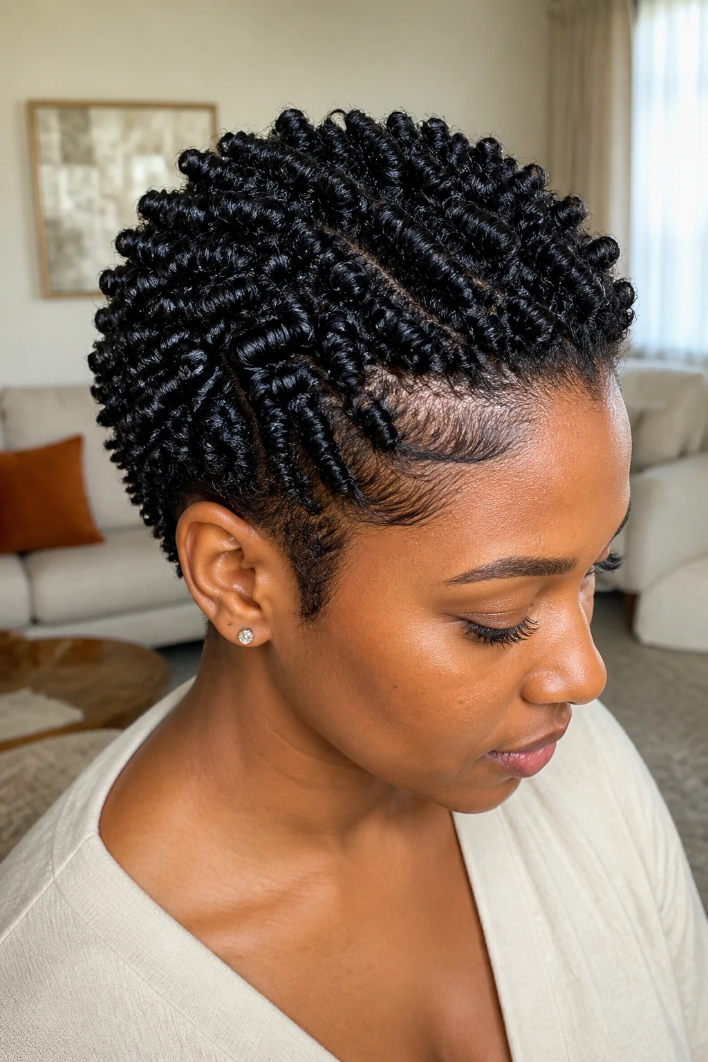 Close-up of a real person with finger-coiled tiny coils and crisp ends.