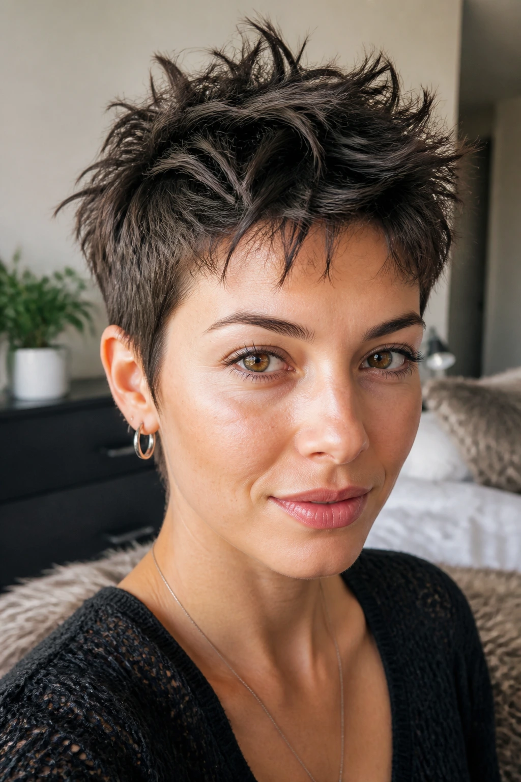 Close-up portrait of a real woman with finger-tousled crop hairstyle