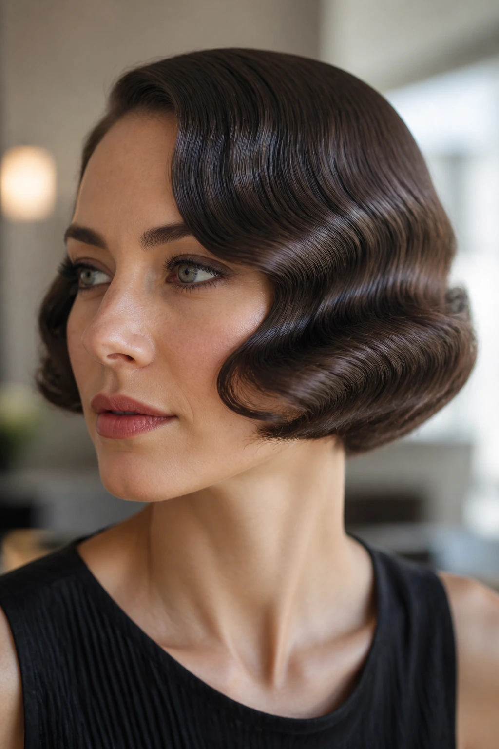 Real person with a glam finger-wave bob, sculpted vintage wave close to head.