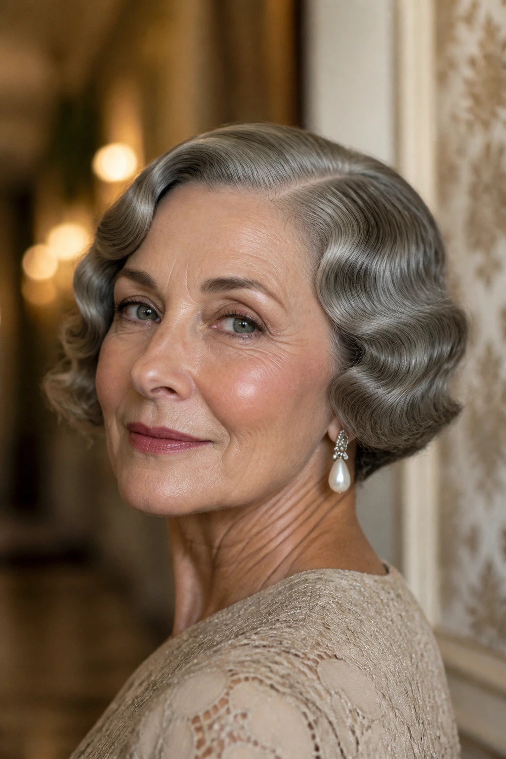 Older woman with finger-wave bob, close-up showing wave pattern along the sides