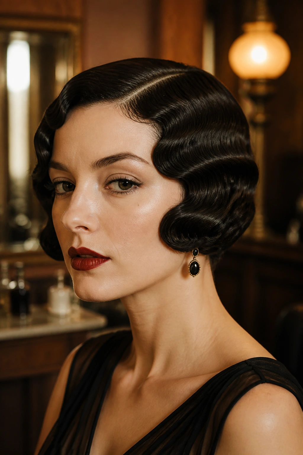 Close-up portrait of a real woman with a short finger-wave bob.