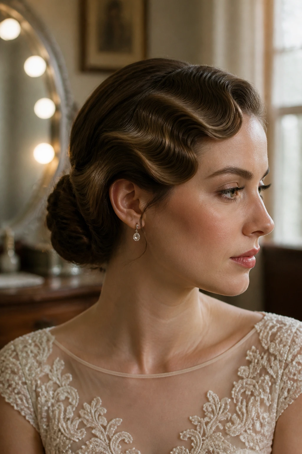 Bride with finger wave crown and low knot