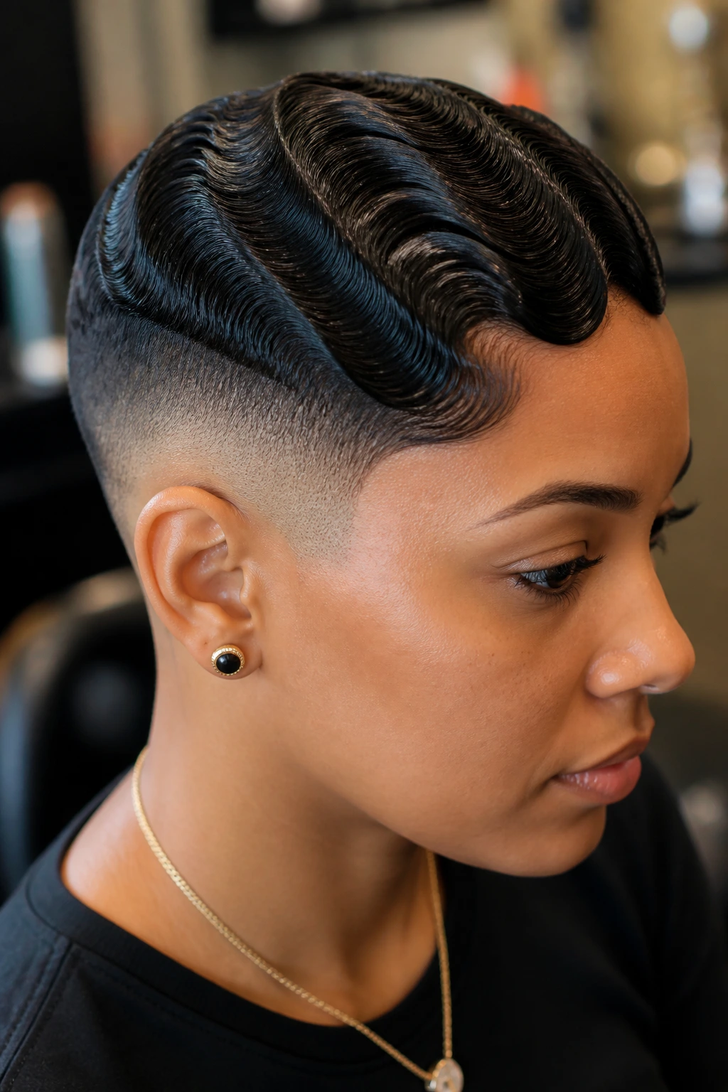 Close-up portrait of a woman with a finger wave fade and crisp side fade
