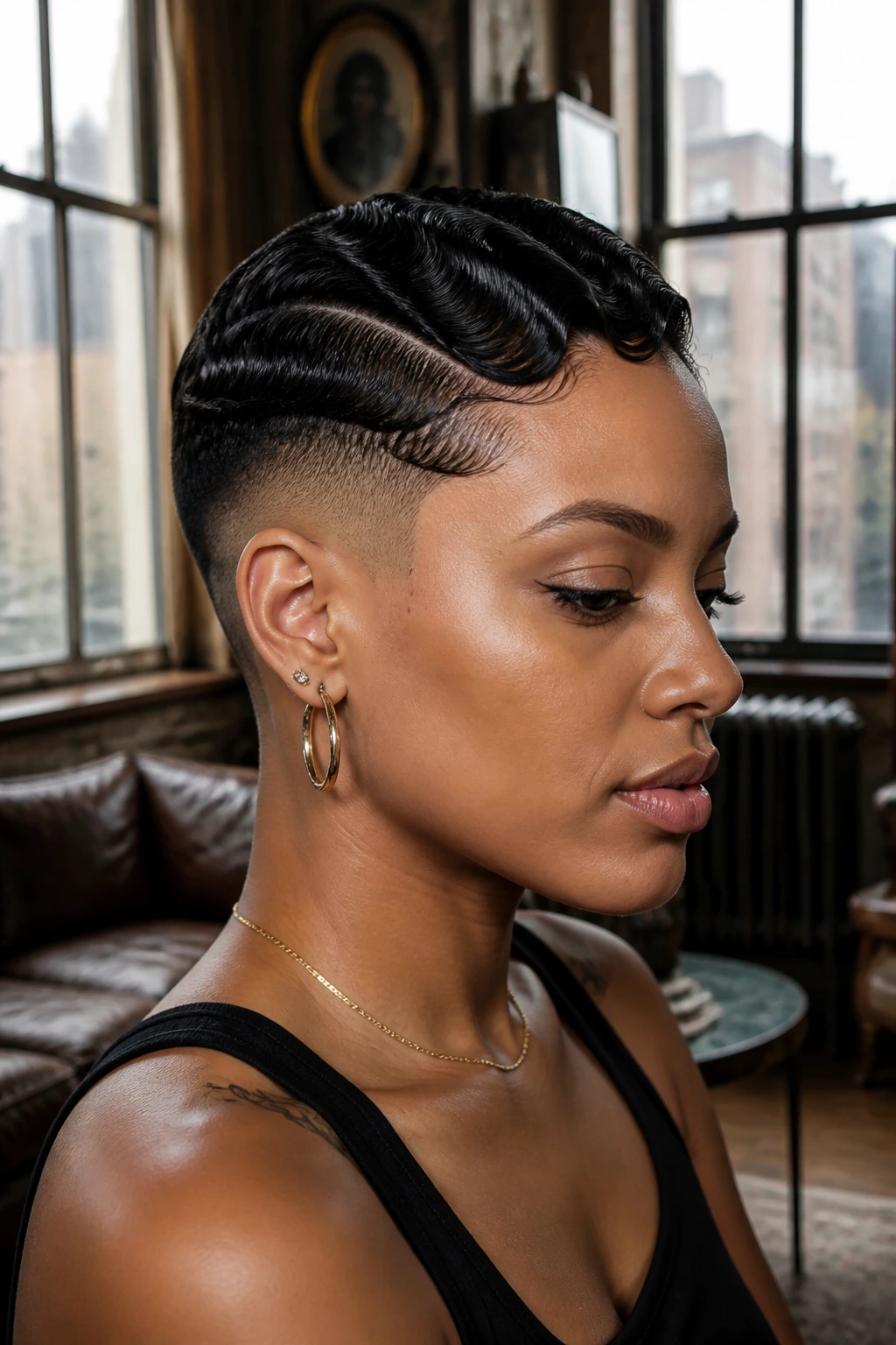 Portrait of a woman with finger-wave side fade.