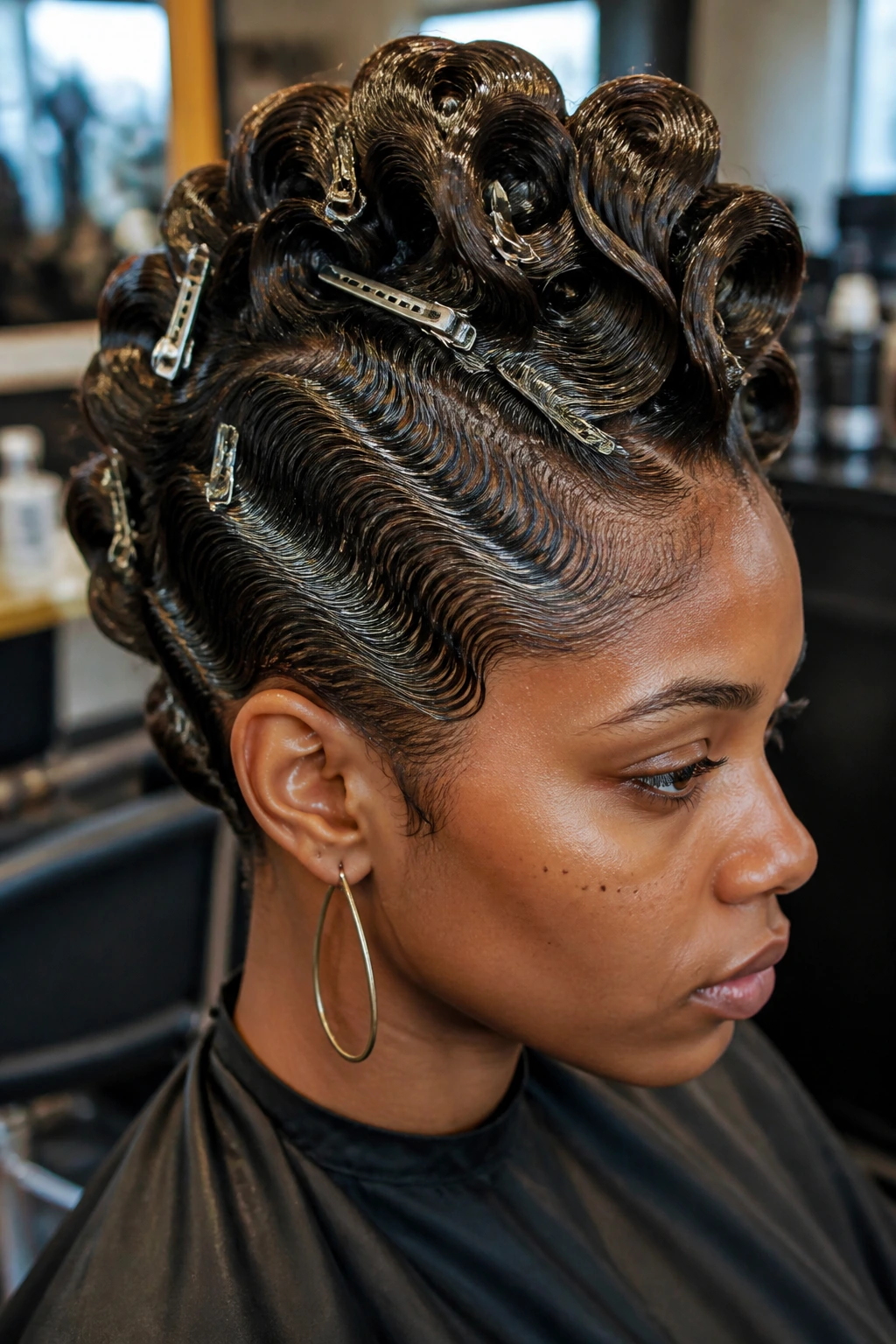 Portrait of a real person with finger-wave mohawk in a salon setting