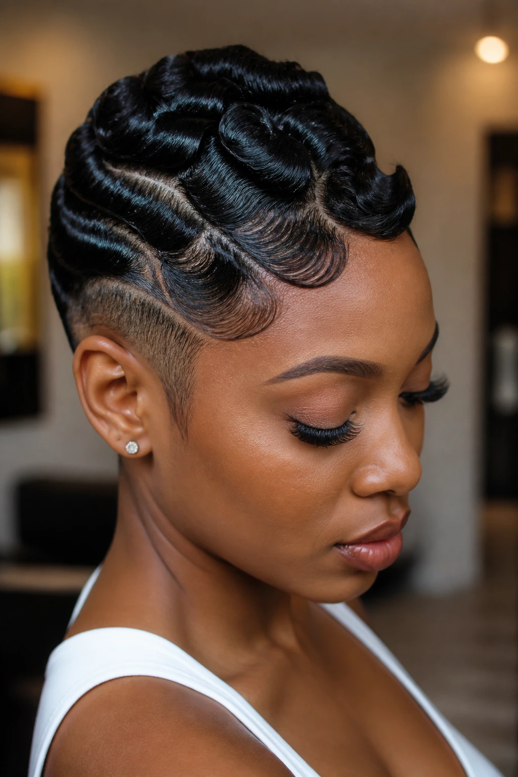Real person with sculpted finger-wave mohawk on short natural hair.