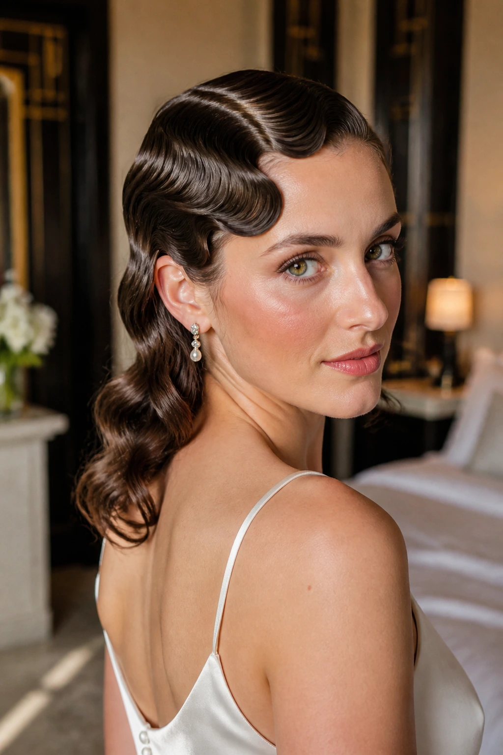 Bride with finger-wave mullet in vintage-inspired room