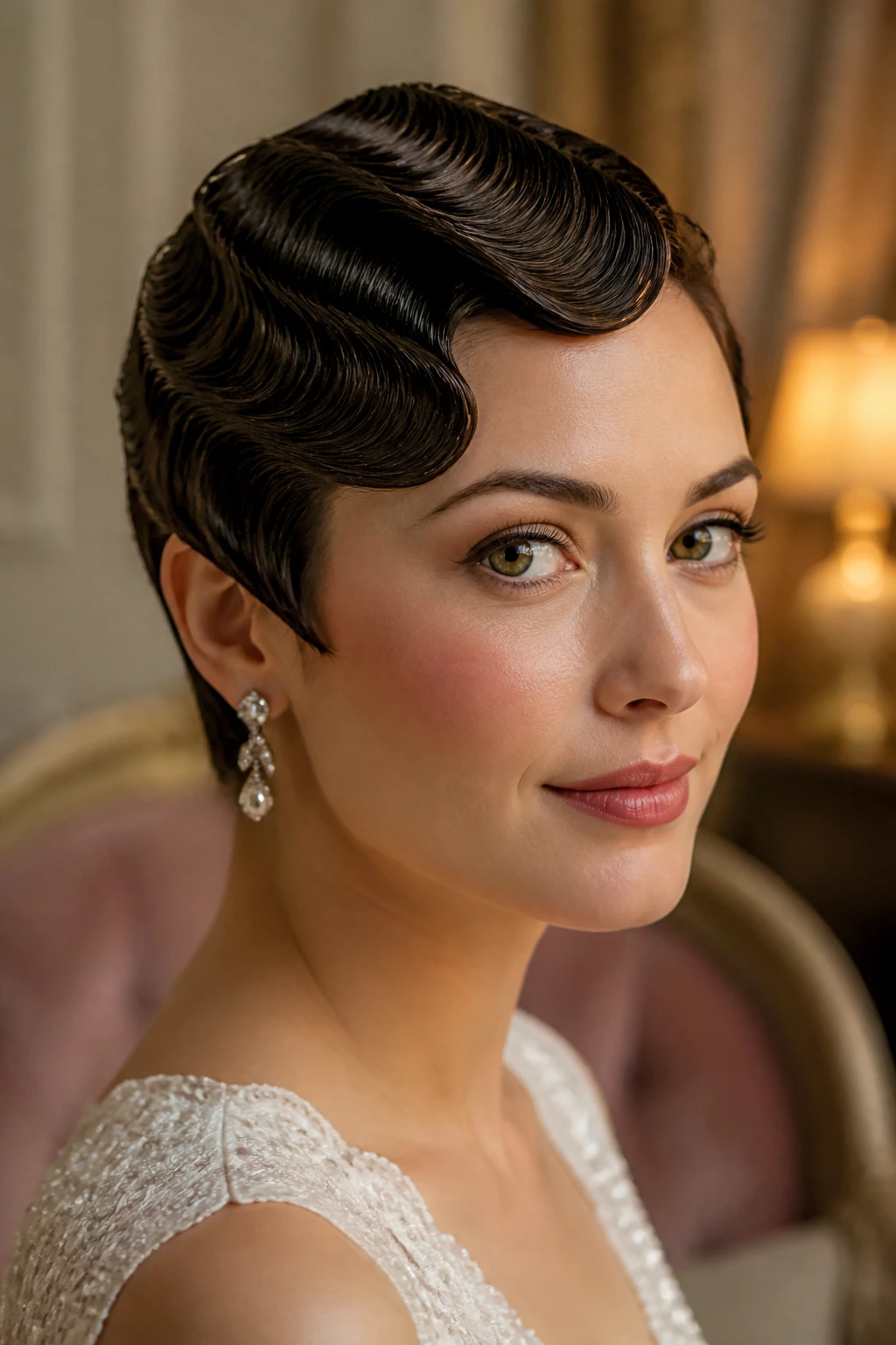 Close-up of a real bride with soft finger-wave pixie