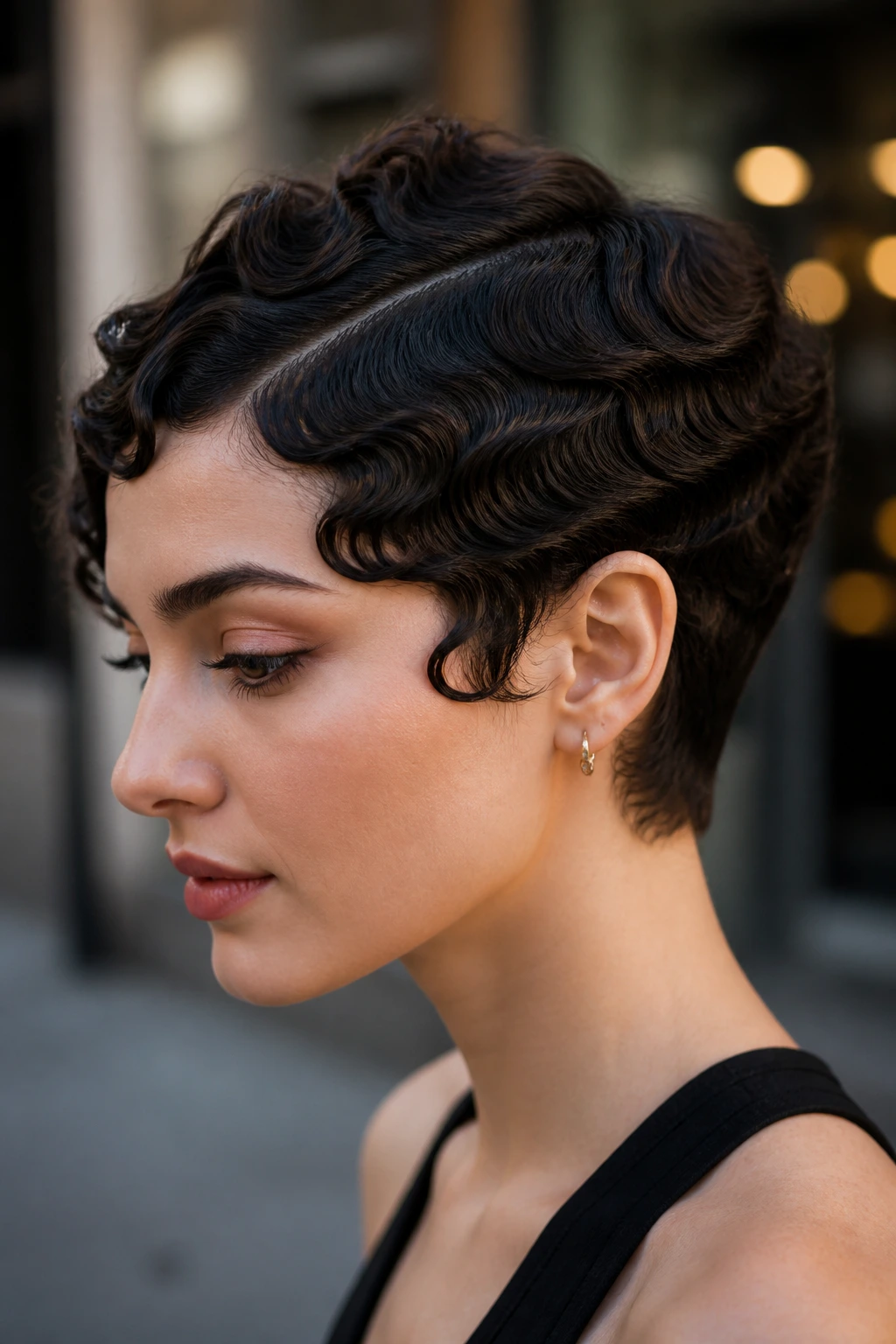Side portrait of a real woman with finger-wave pixie, front curls in S-shaped waves.