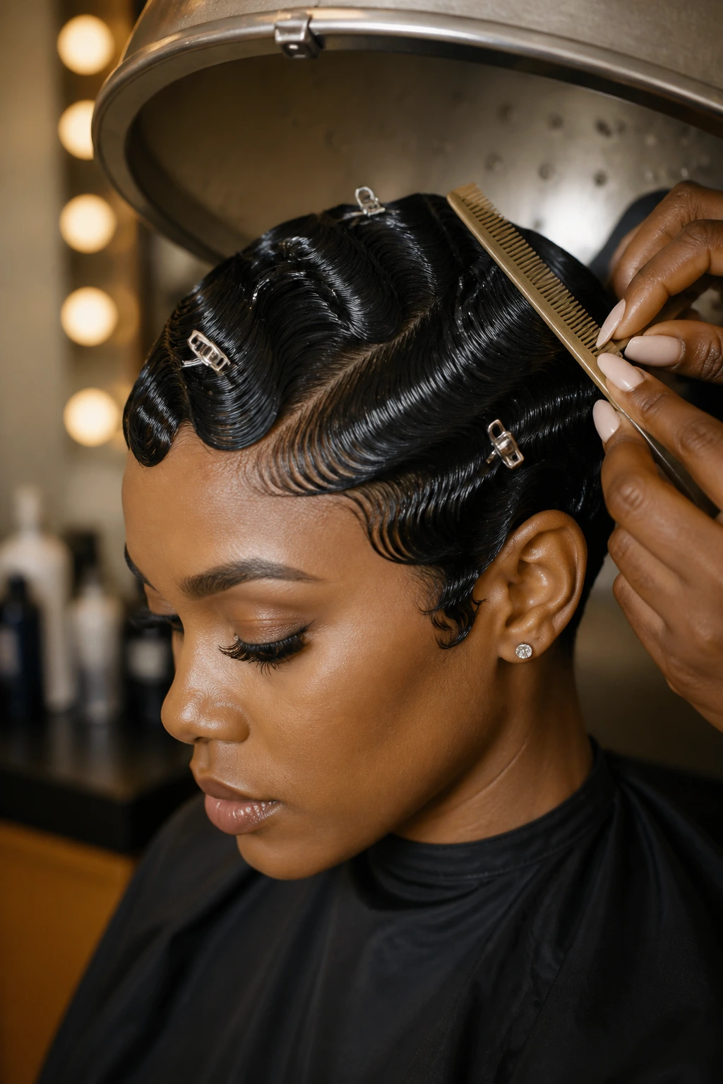 Close-up of sculpted finger waves on a pixie haircut