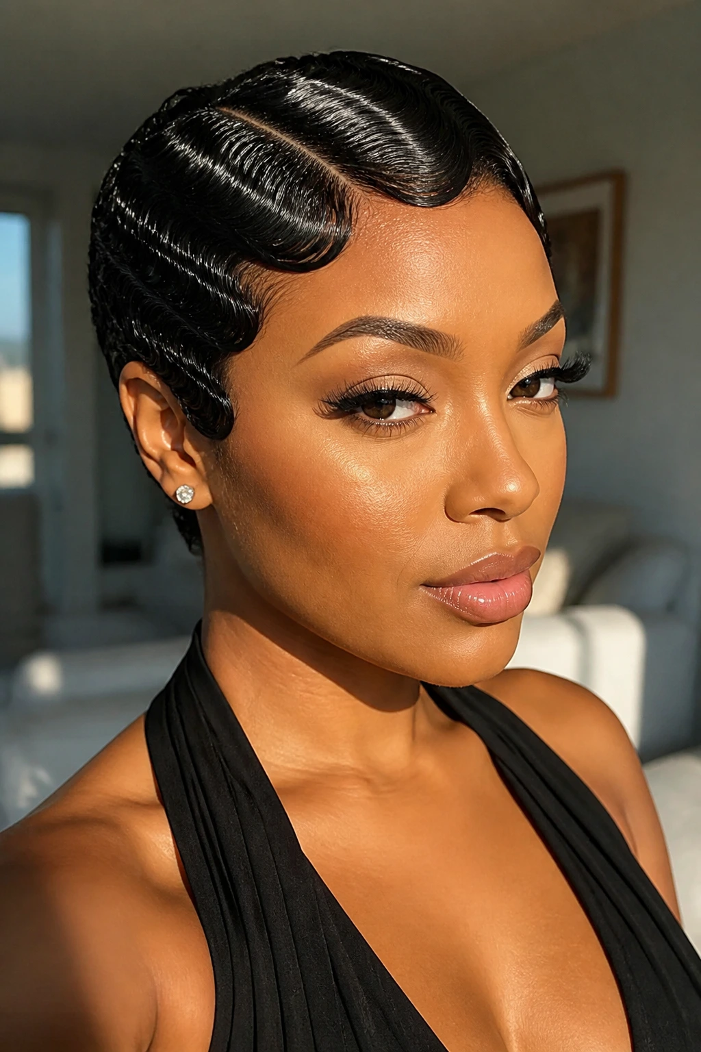 Close-up portrait of a real Black woman with glam finger-wave pixie hairstyle